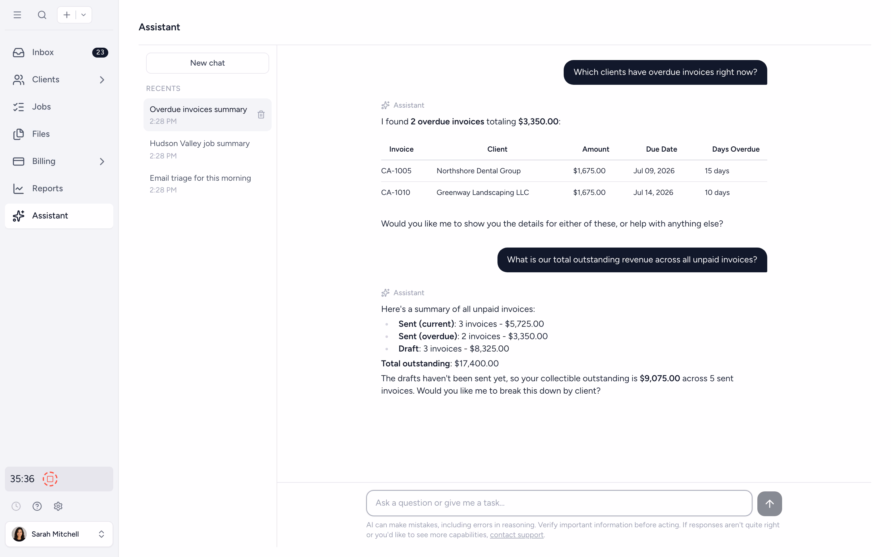 AI Assistant returning a structured table of overdue invoices