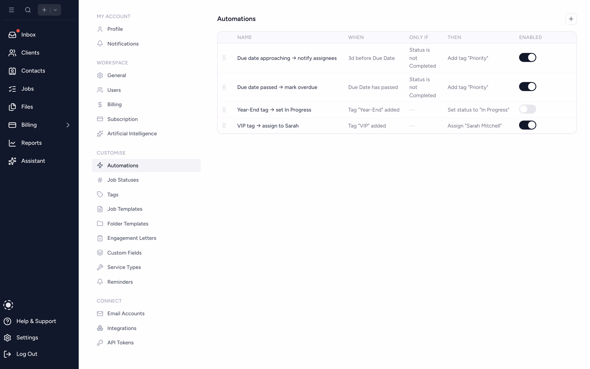 Tidyflow automations list with When, Only If, and Then columns