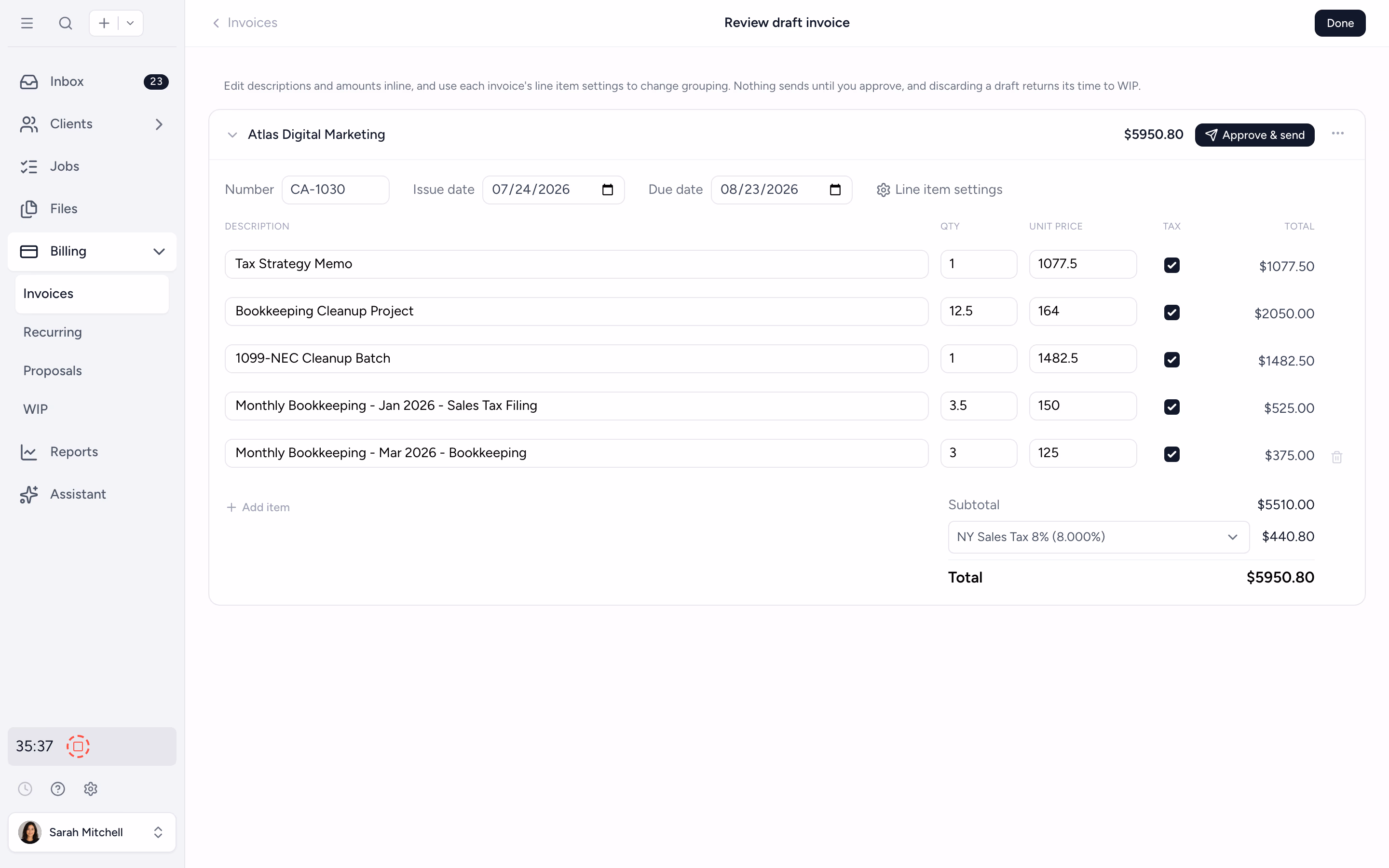 Tidyflow draft invoice review screen with inline-editable lines grouped by service