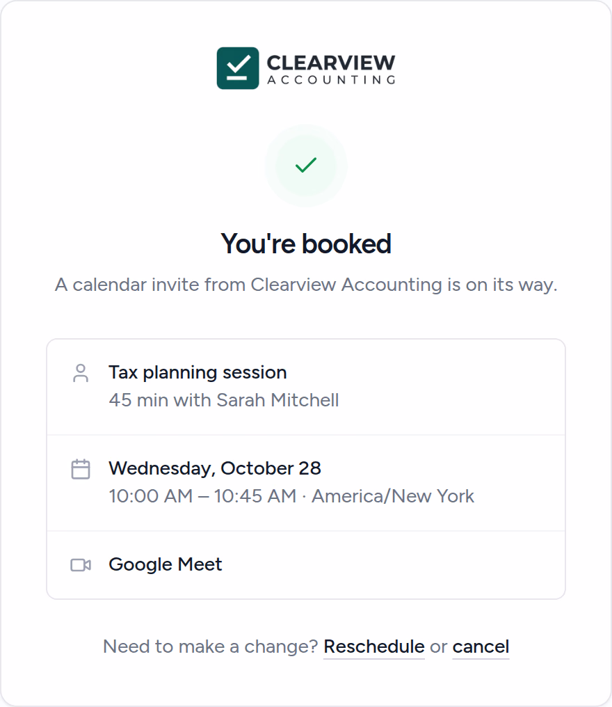 A booking confirmation showing the meeting, time and Google Meet, with links to reschedule or cancel