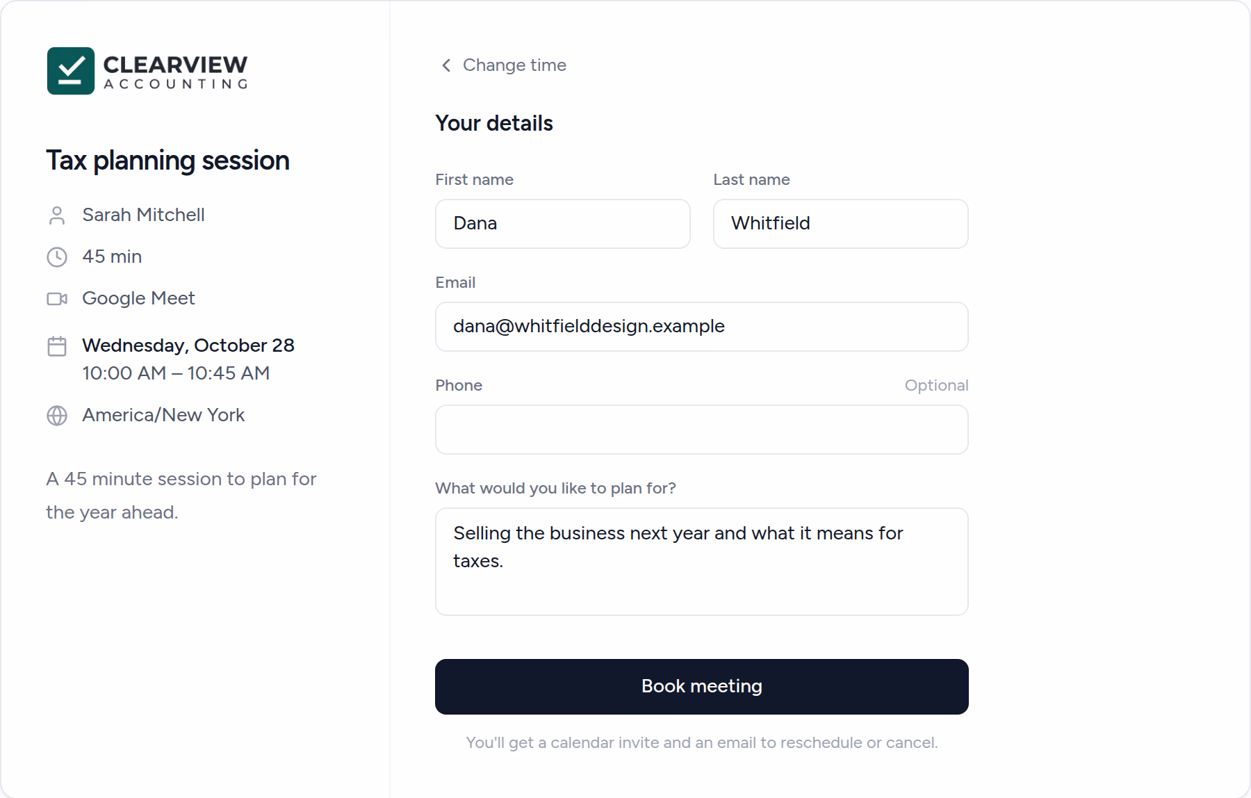 The booking details step, with the meeting time on the left and name, email and a planning question on the right