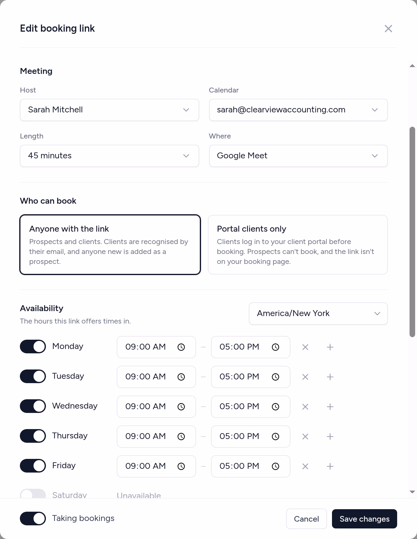 Editing a booking link: host, calendar, length, Google Meet, who can book, and weekly hours