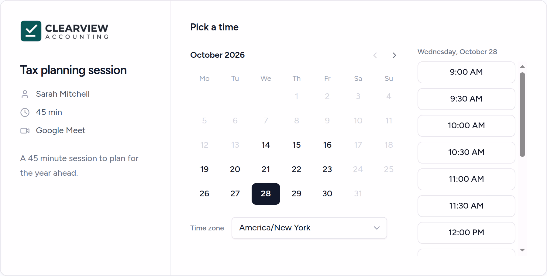 A Clearview Accounting booking page for a tax planning session, showing a calendar and the free times on Wednesday