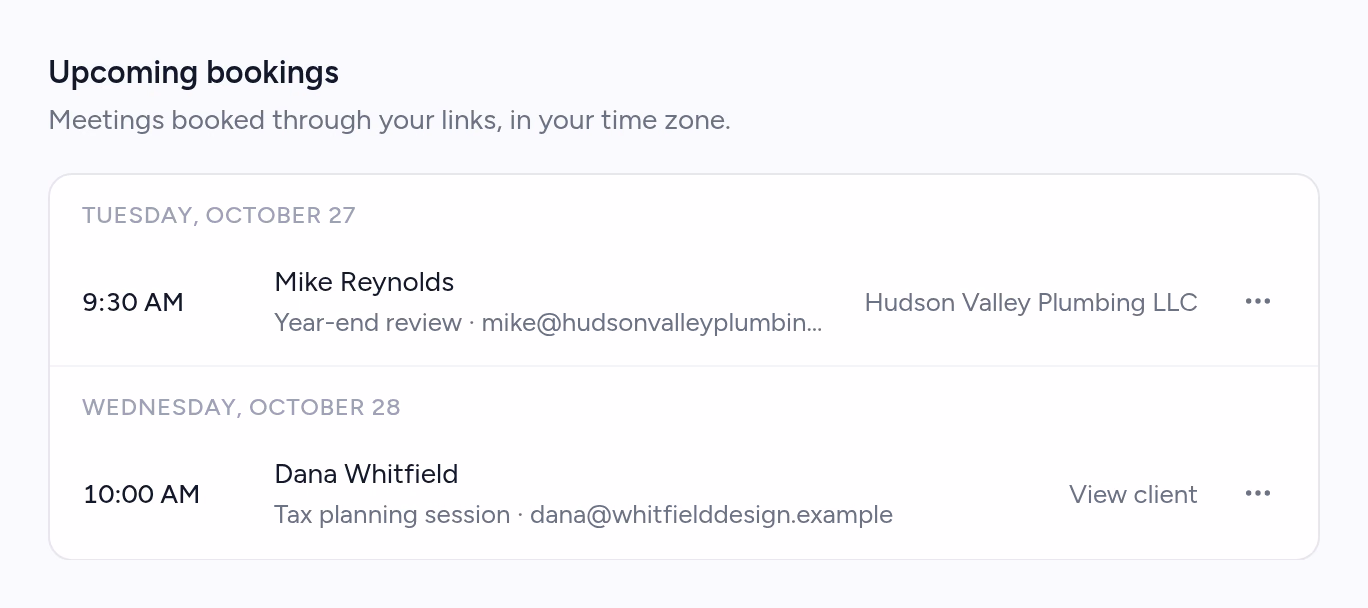 Upcoming bookings, each shown with the client it belongs to