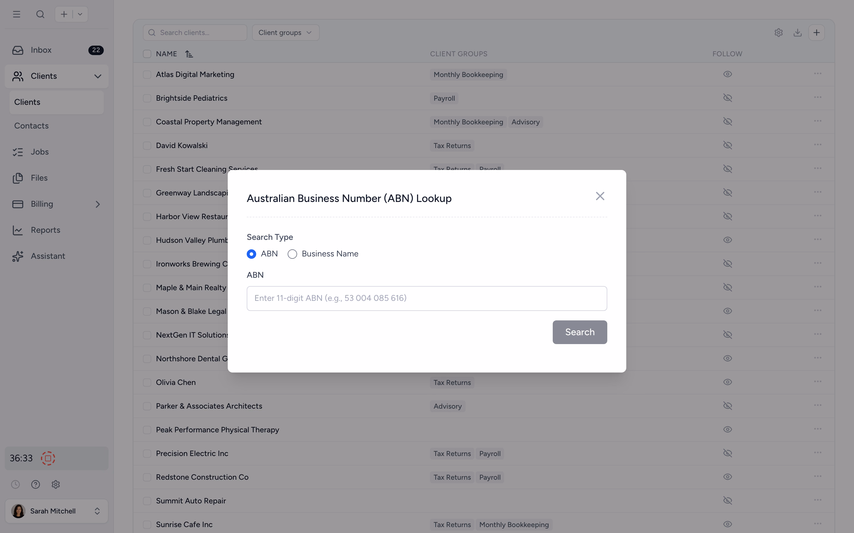 ABN Lookup modal pulling Australian client details