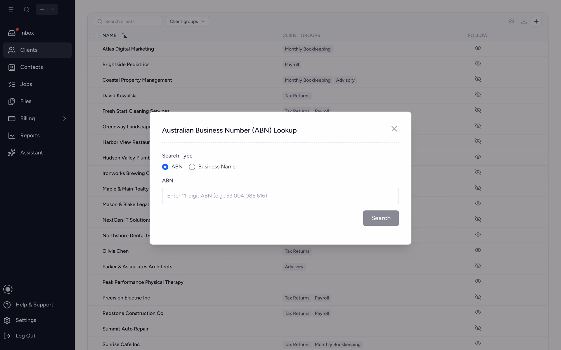ABN Lookup modal pulling Australian client details
