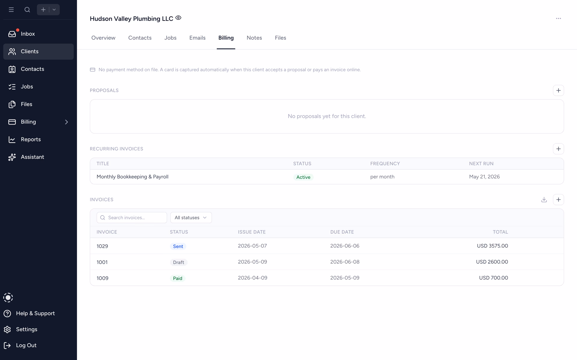 Tidyflow per-client billing view with invoices and time entries