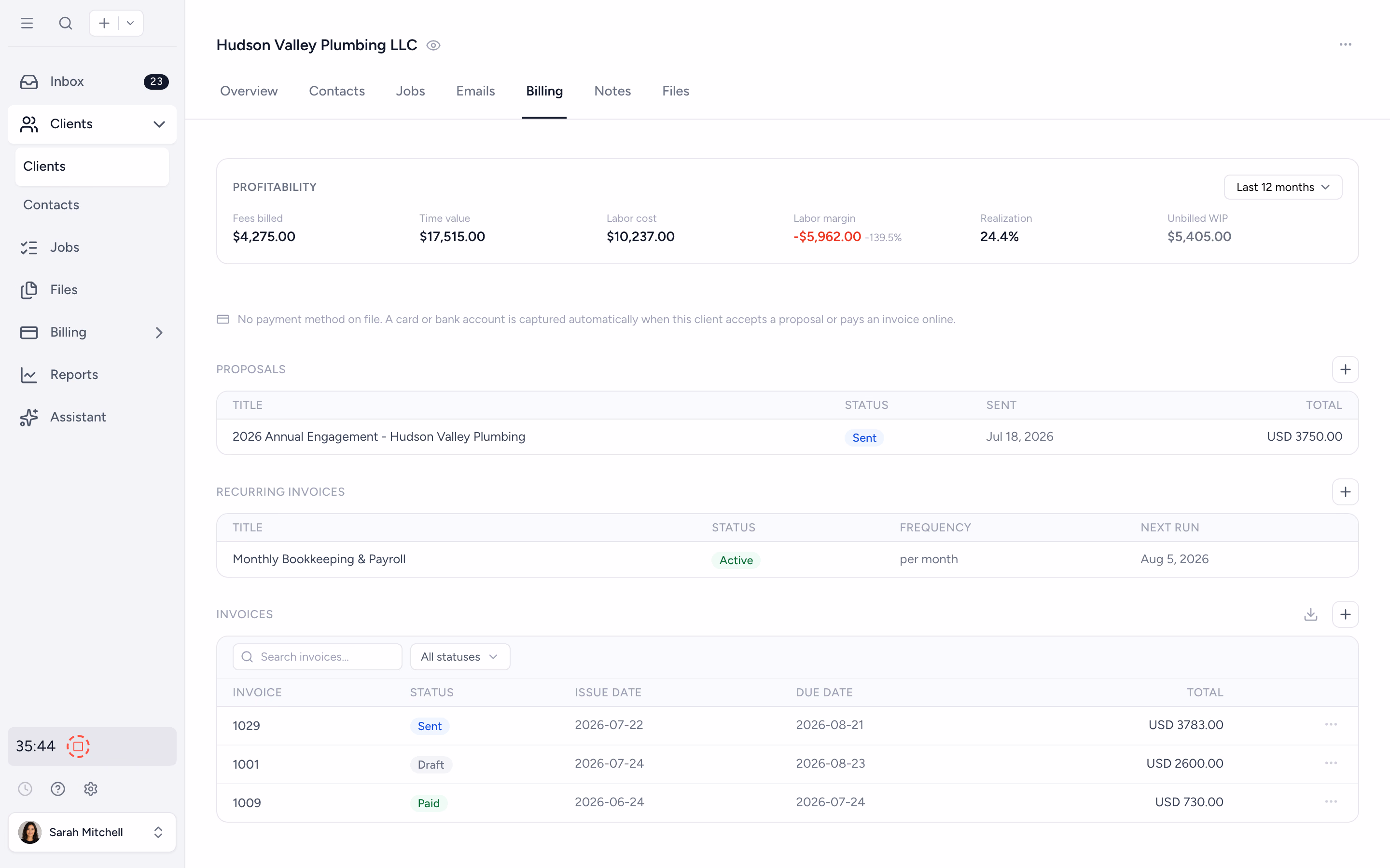 Tidyflow per-client billing view with invoices and time entries