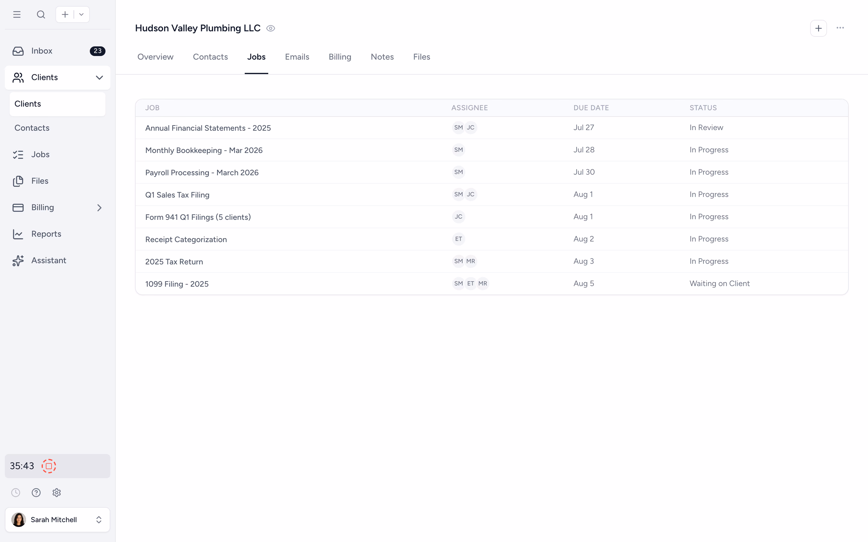 Tidyflow client overview showing all jobs, files, and time entries in one place