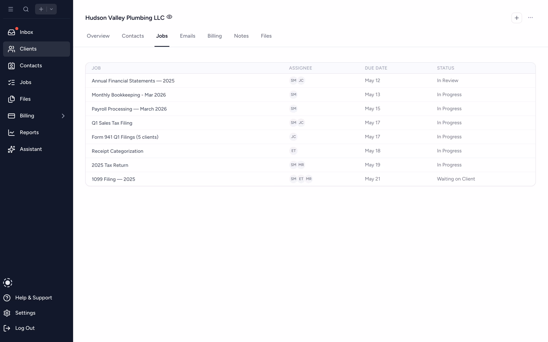 Tidyflow per-client view with jobs, files, and time entries together