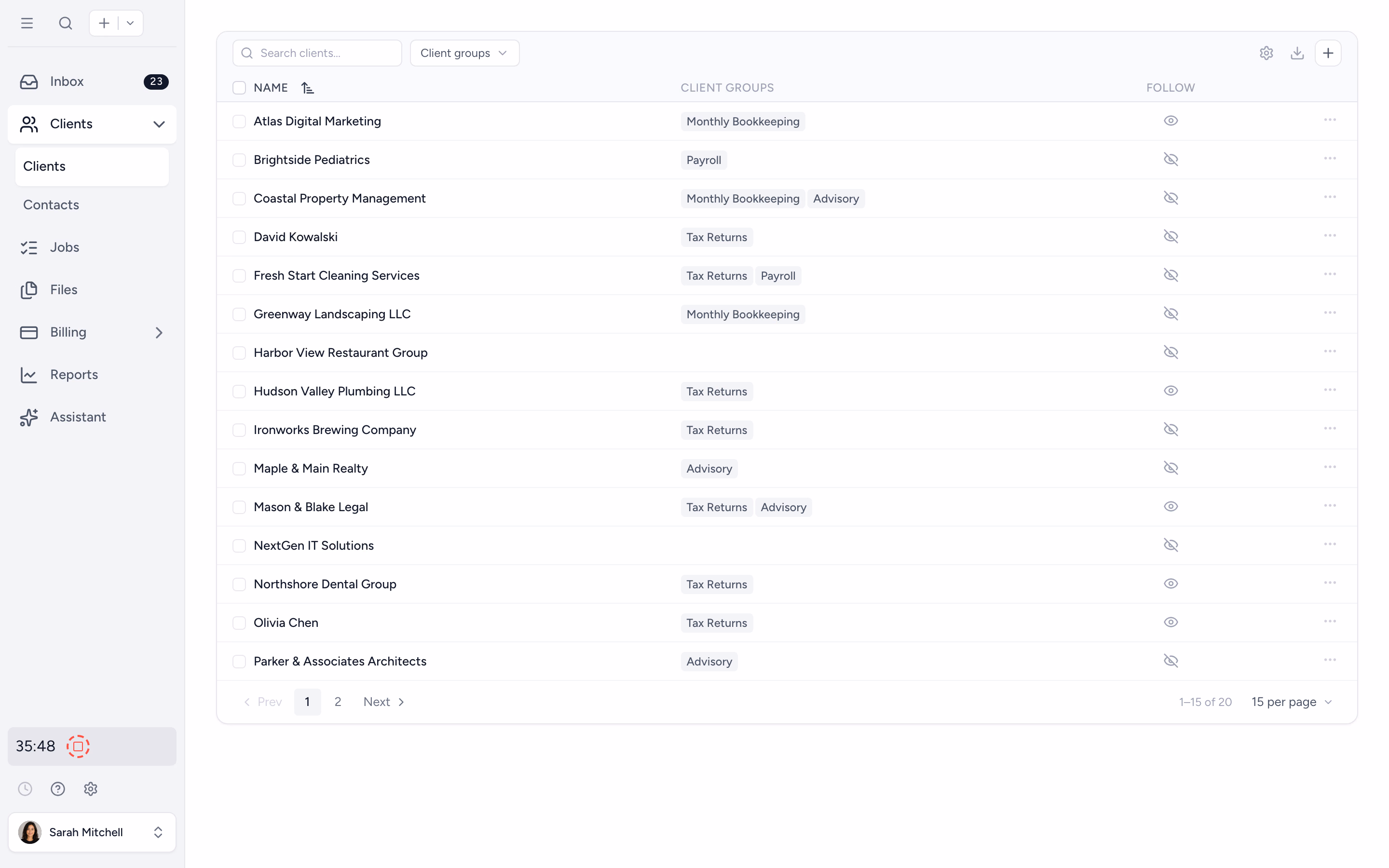 Tidyflow client list with all firm clients in one searchable view
