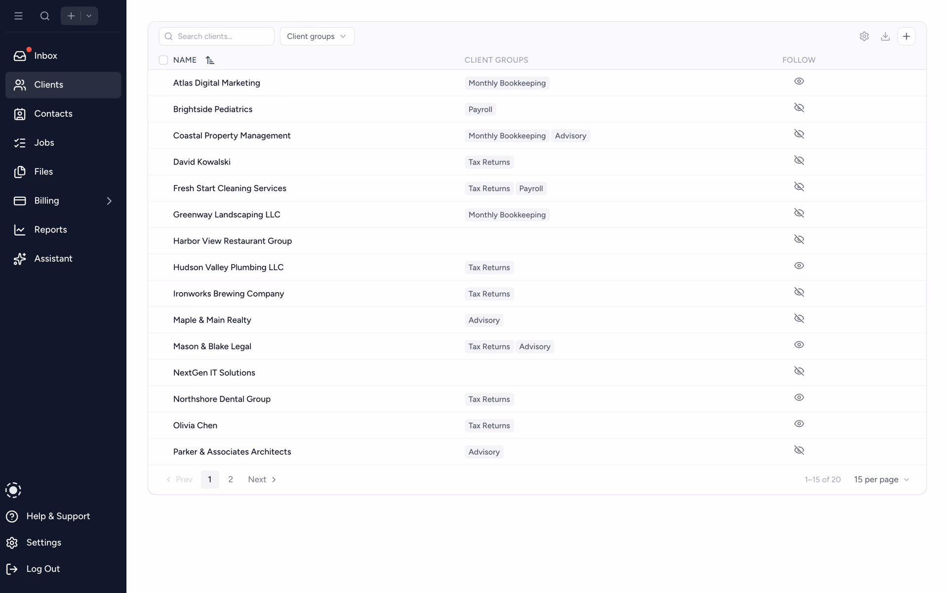 Tidyflow client list after a Xero import