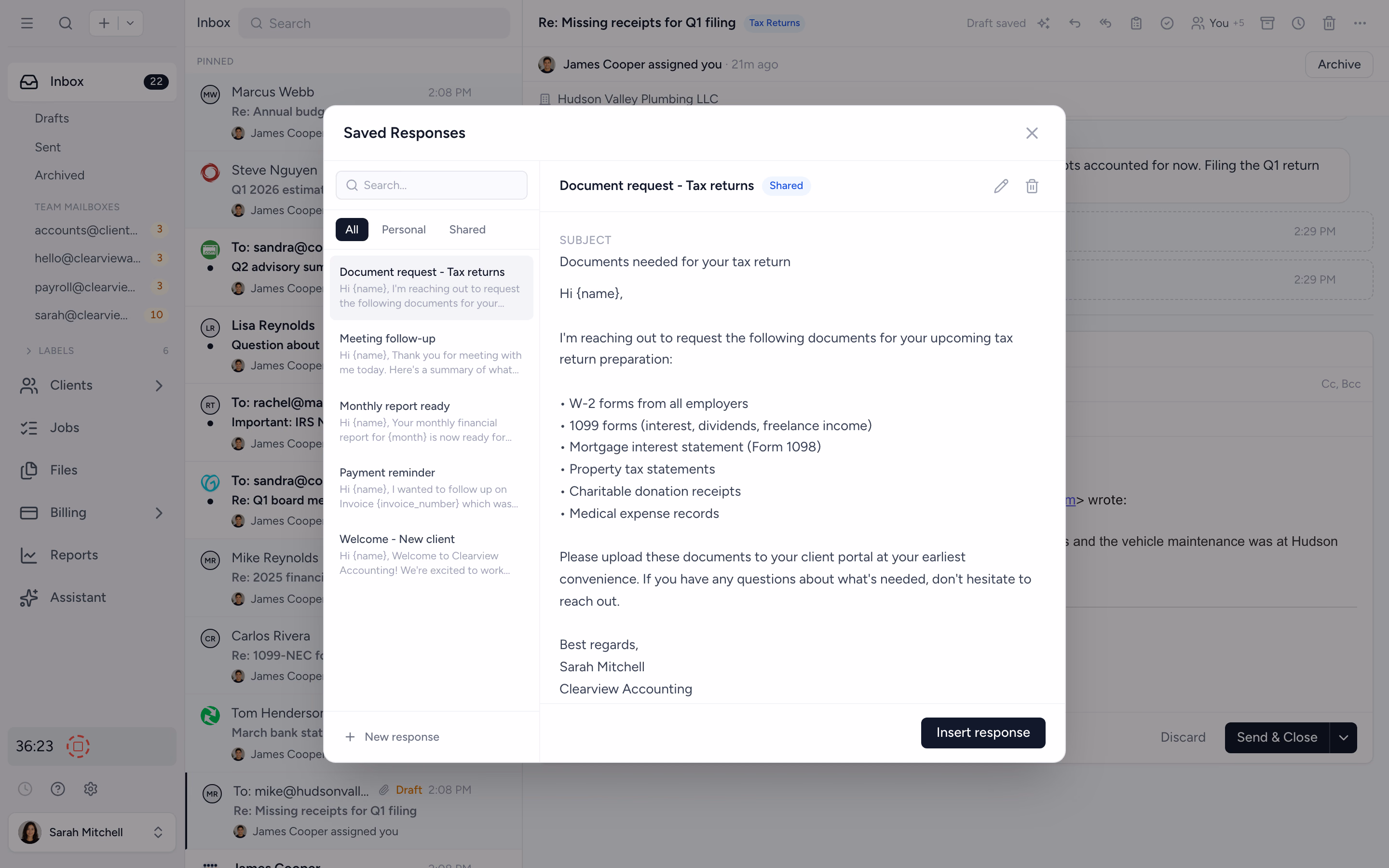 Saved response templates for repeated replies