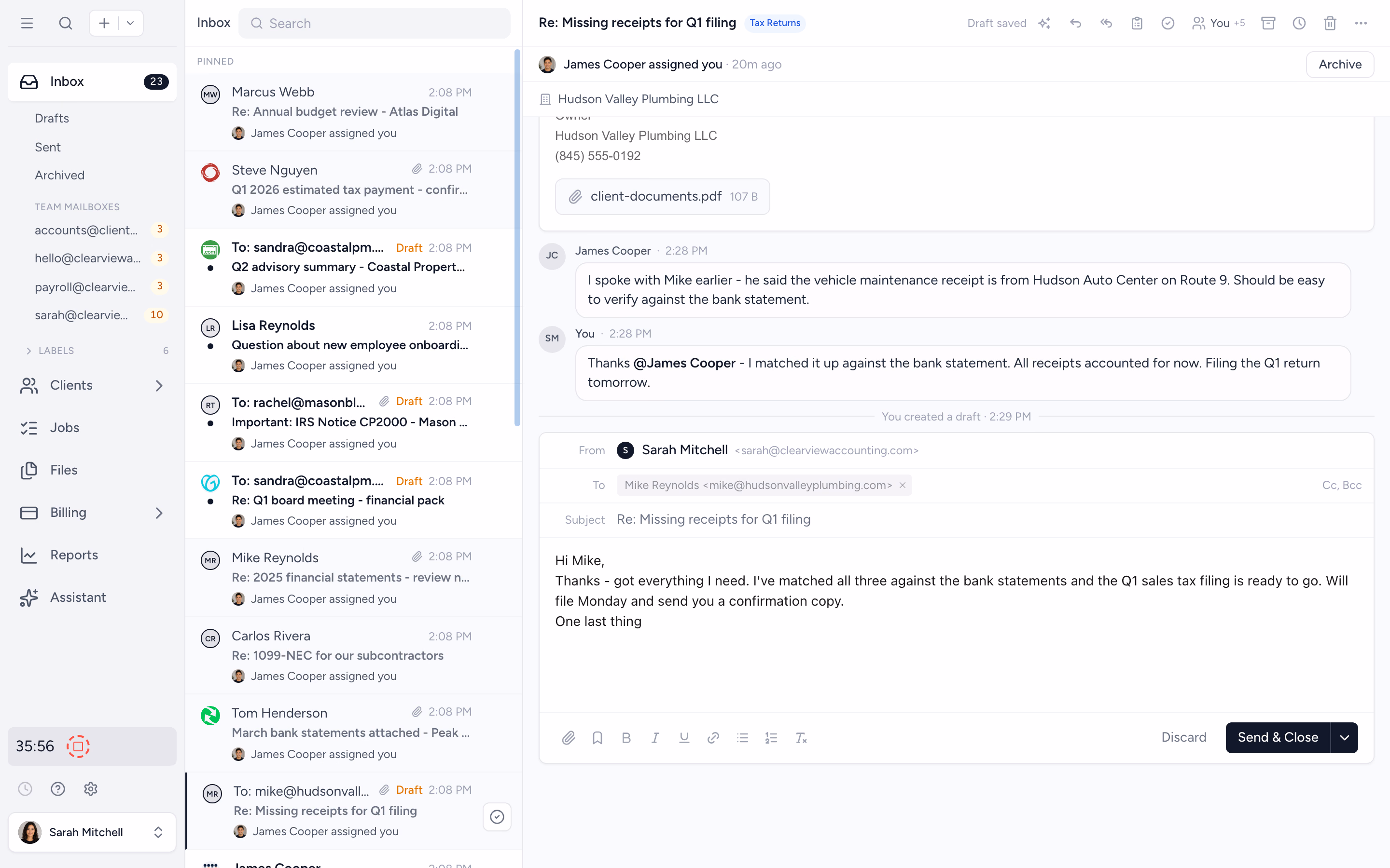 Internal comments on an email thread in the Tidyflow inbox