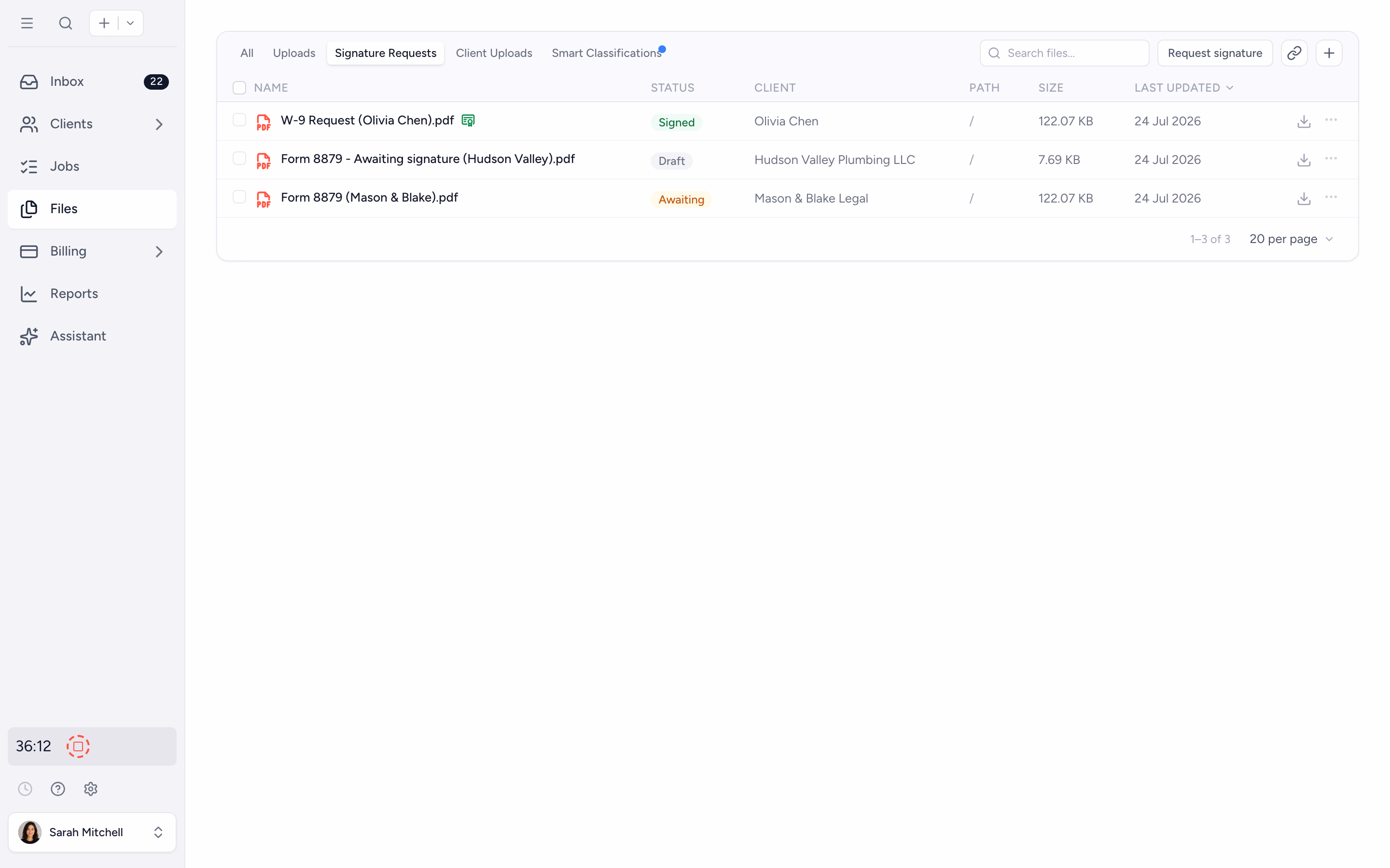 Signature request status across a client's files