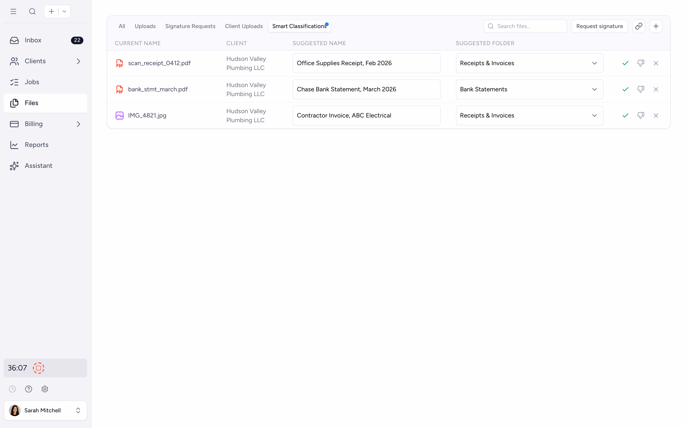 Tidyflow Smart Classification queue with AI-suggested filenames for client uploads