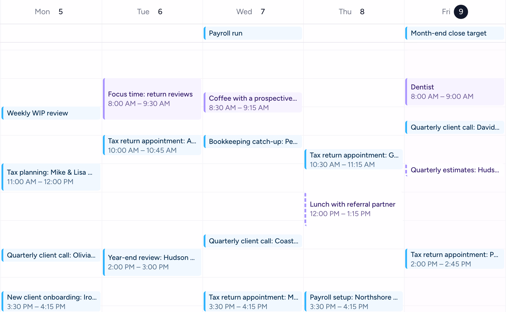Week view of the Tidyflow calendar with the team calendar beside a staff member's own