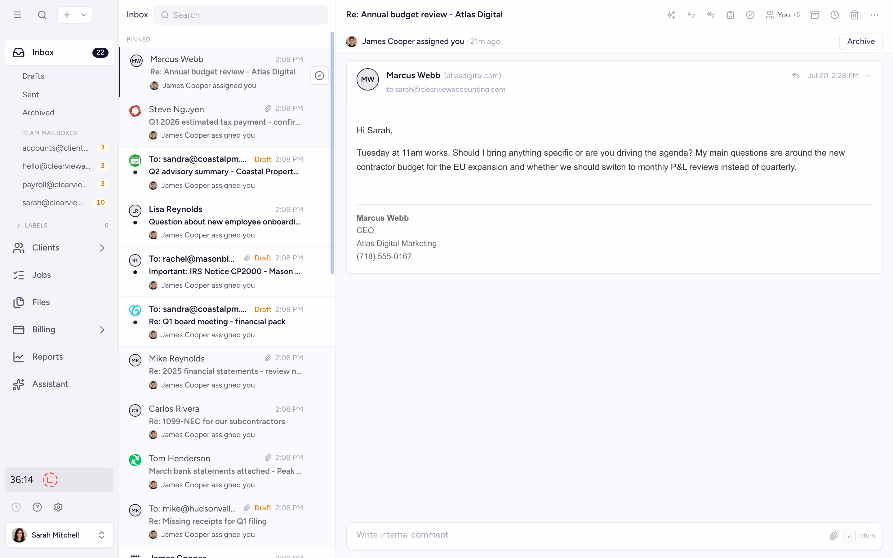 Tidyflow shared inbox with linked emails, internal comments, and @mentions