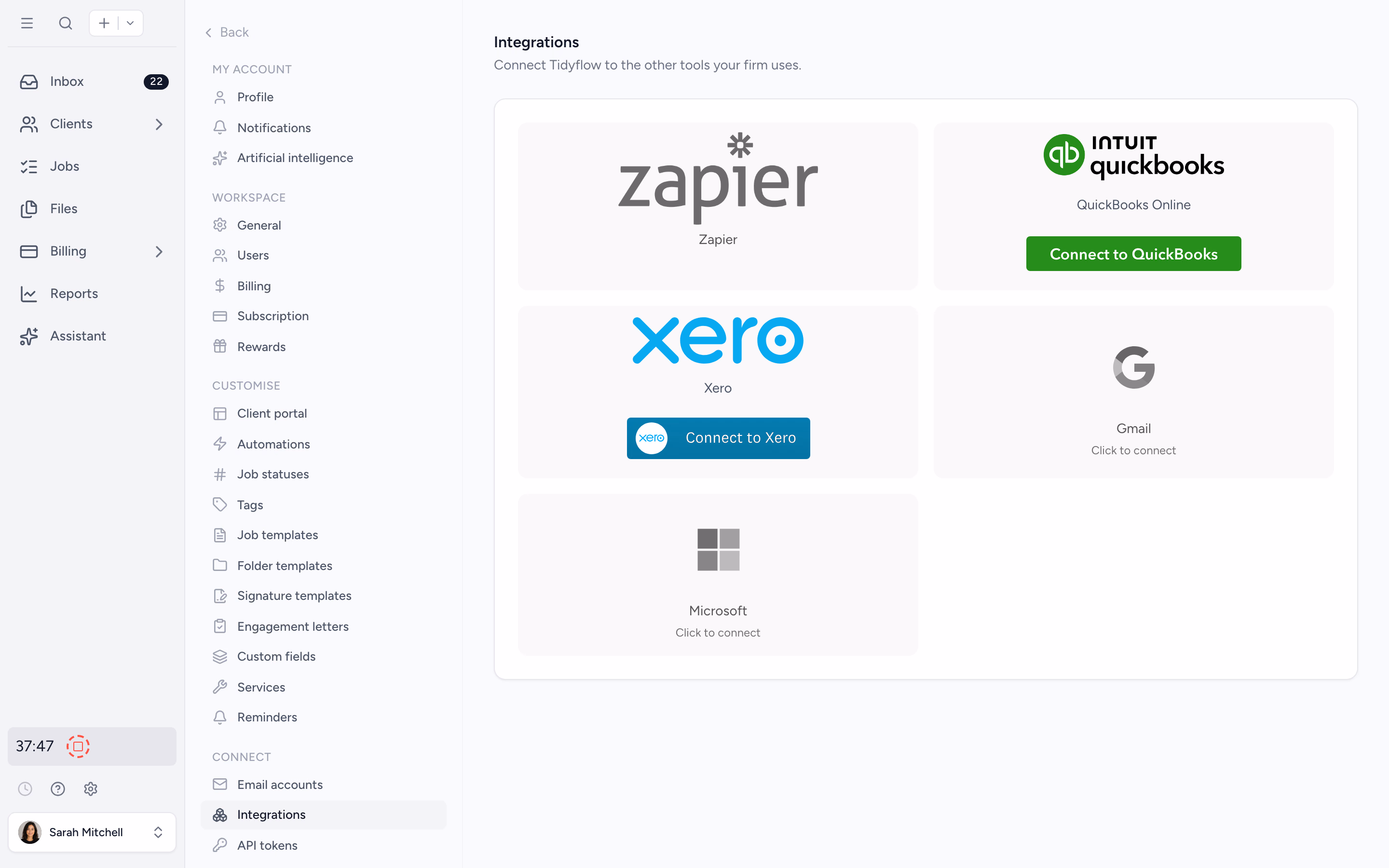Tidyflow integrations settings: Xero, QuickBooks Online, Stripe, Zapier
