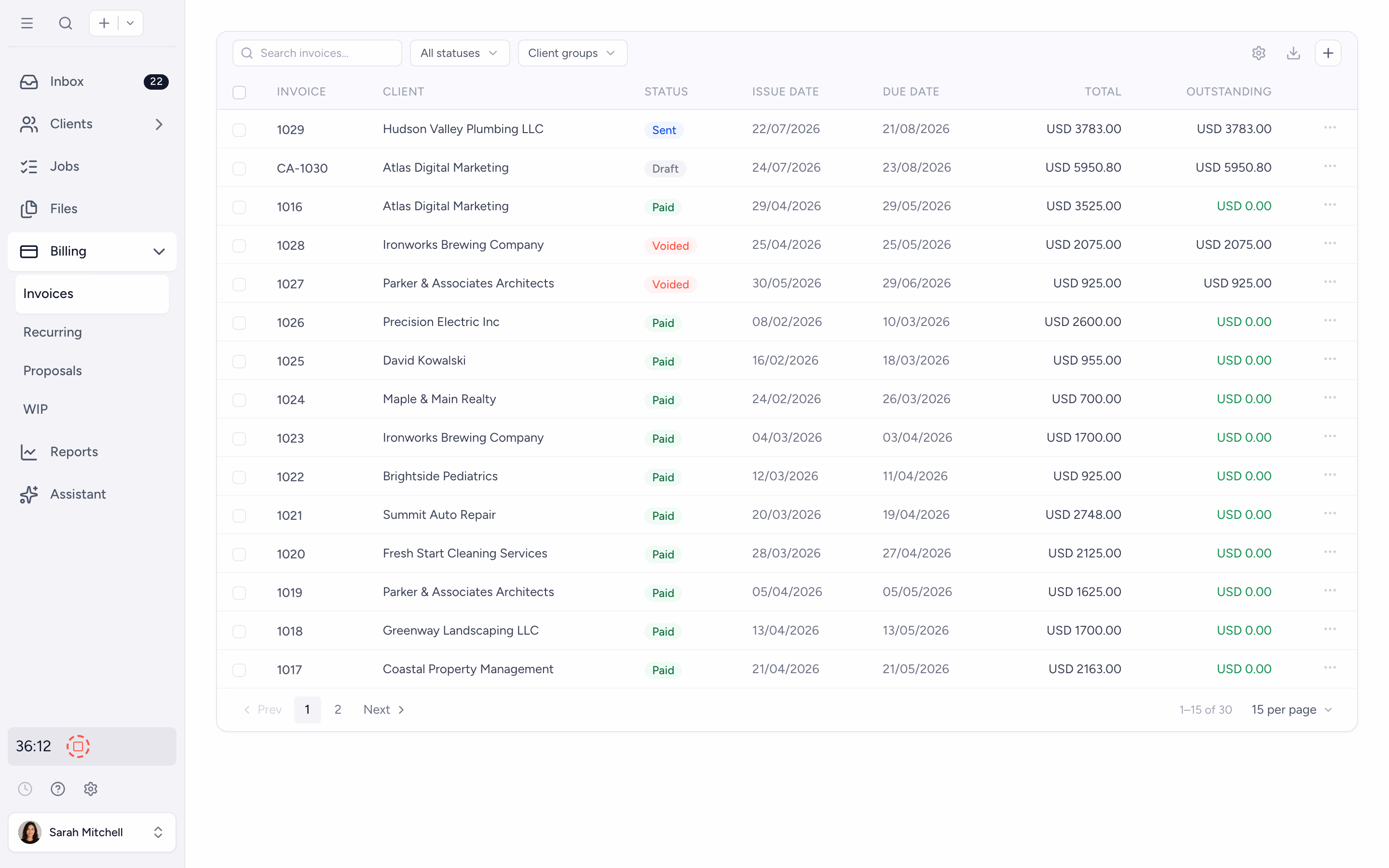 Tidyflow invoice list with QuickBooks Online sync status