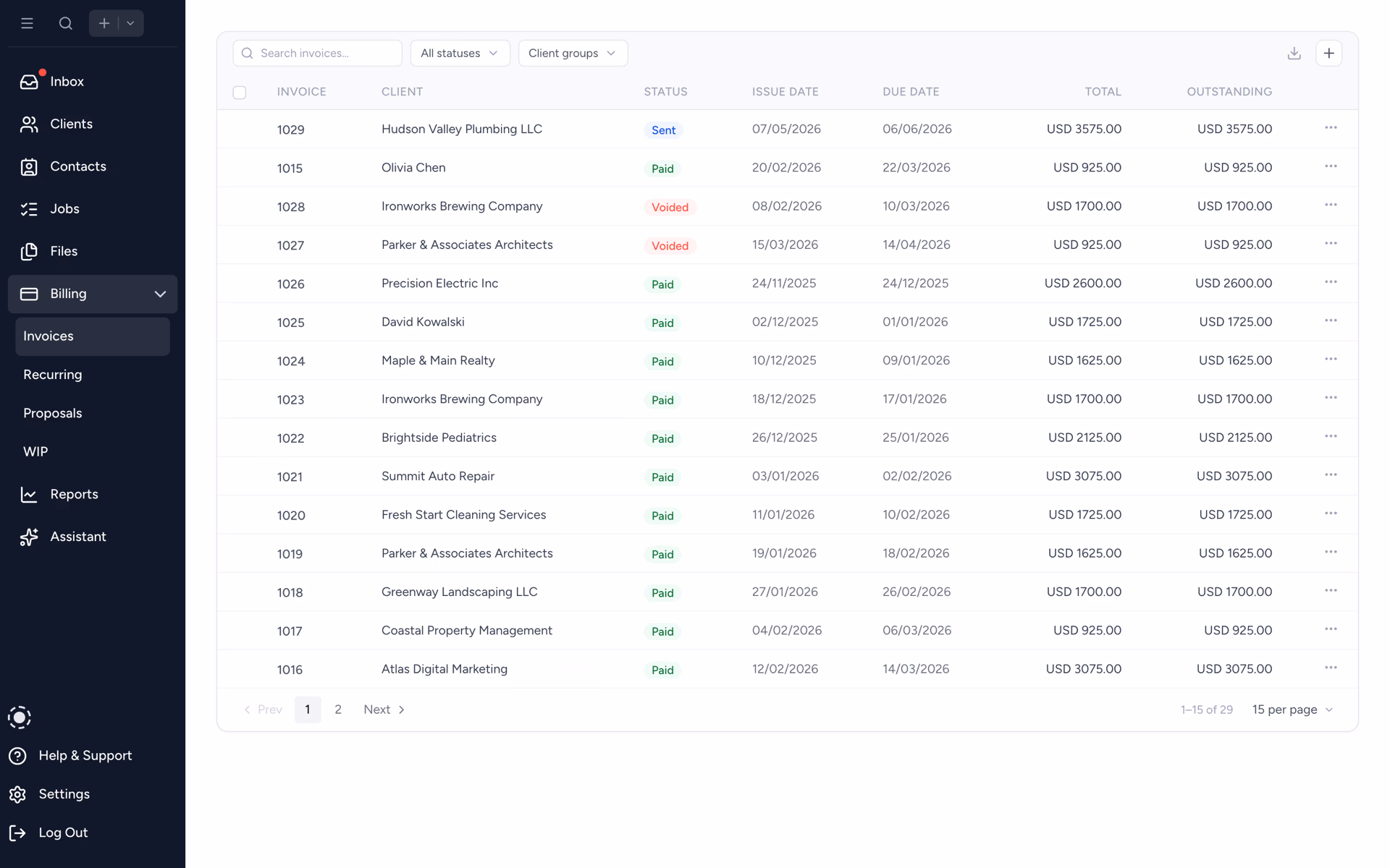 Tidyflow invoice list with statuses, balances, and one-click pay links