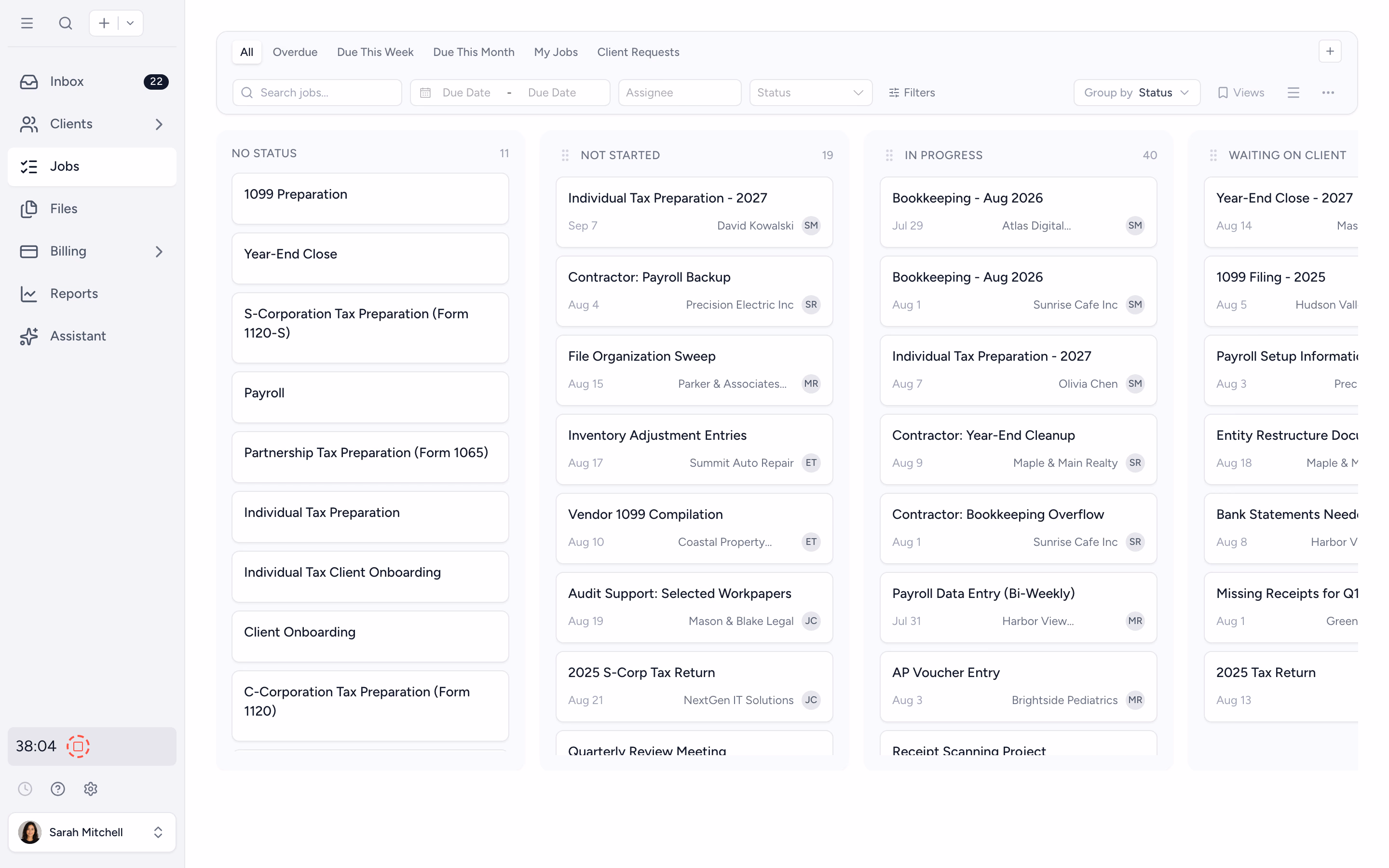 Tidyflow job board mid-tax-season, with every return tracked through the pipeline