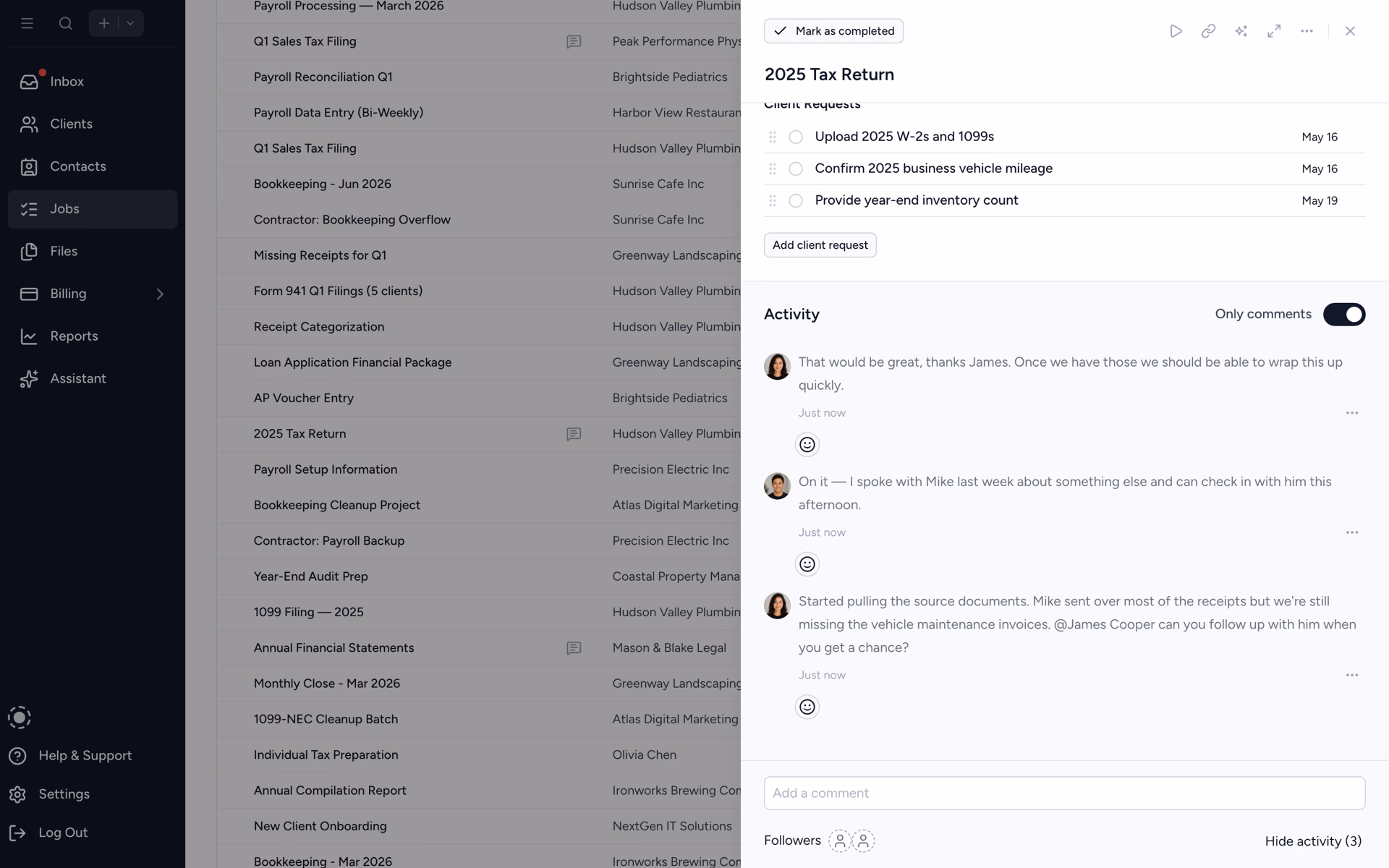 Job comment with an @mention notifying a teammate