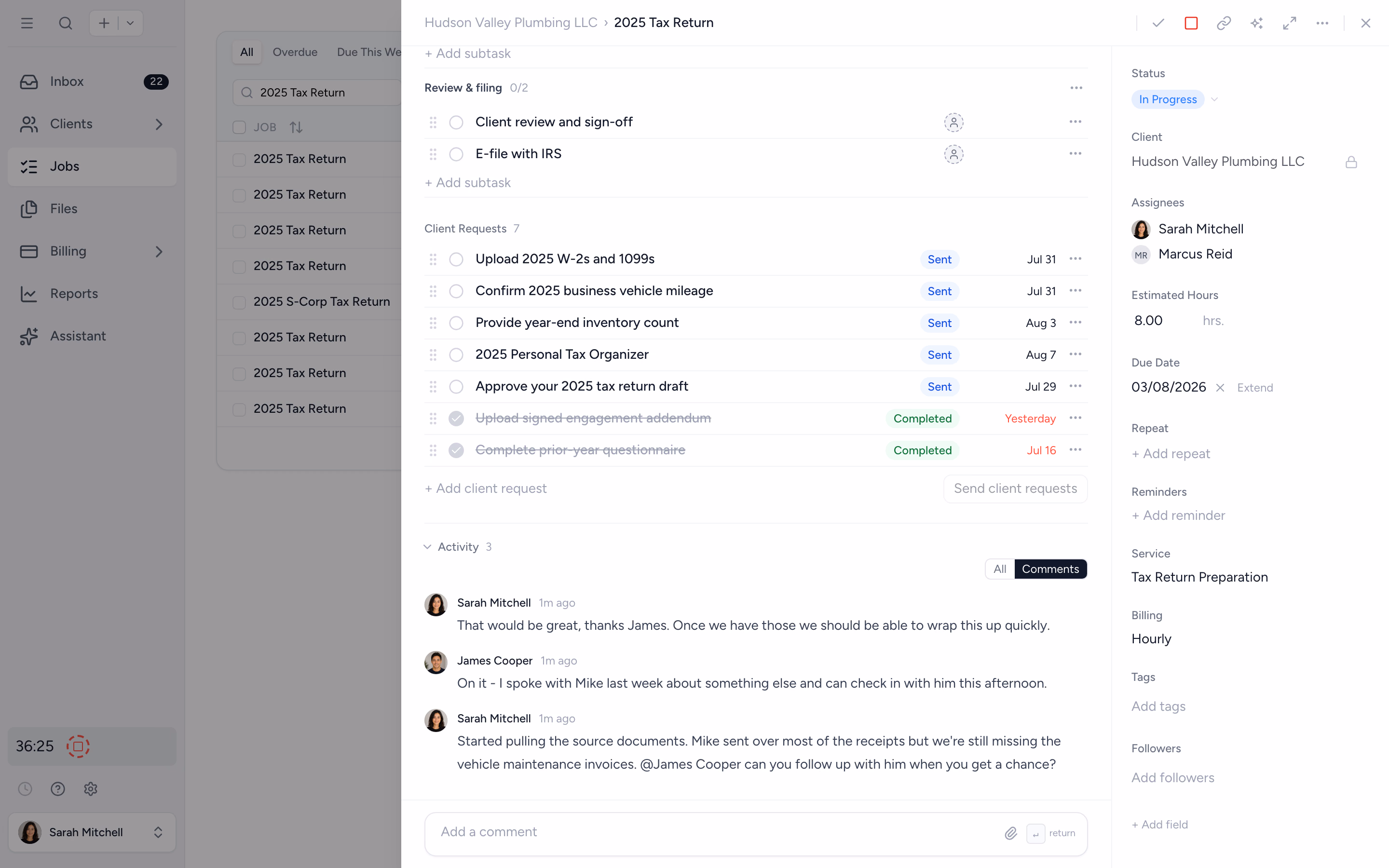Tidyflow job with an @mention comment thread