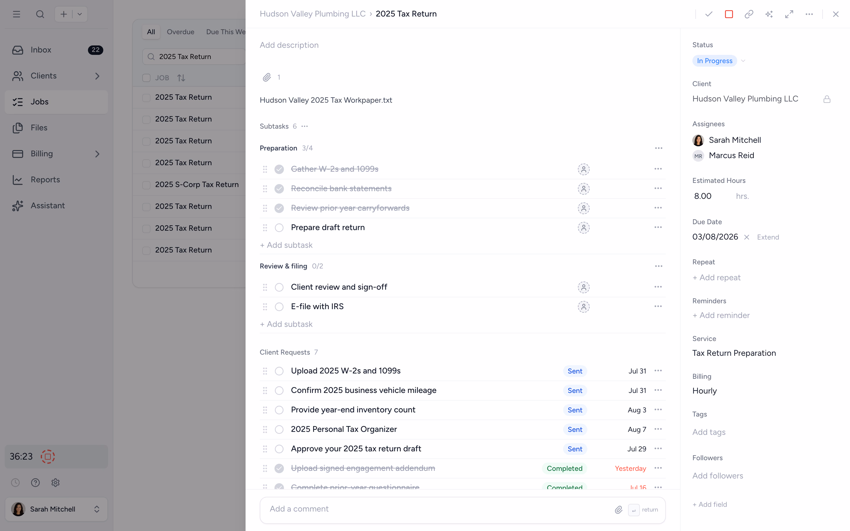 A Tidyflow job with the template's steps as subtasks, alongside the client requests