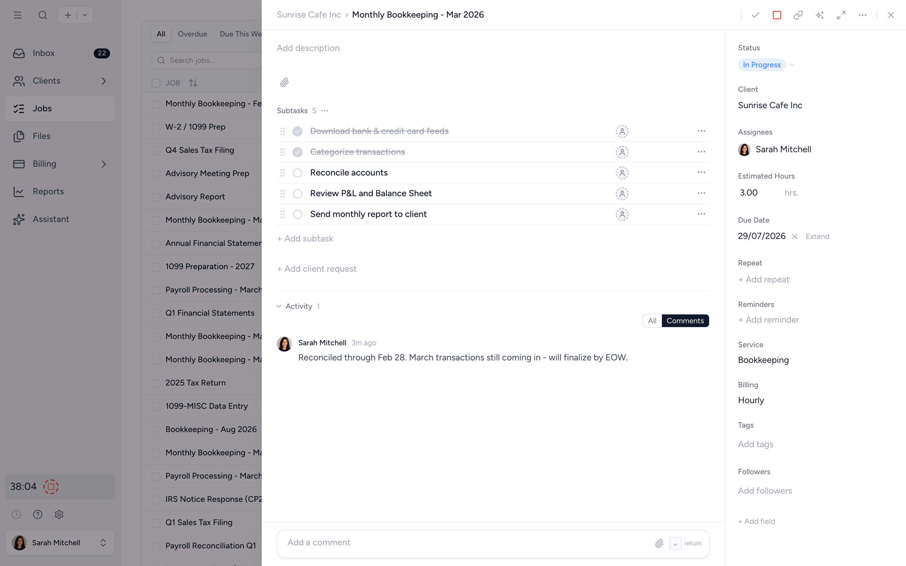 Tidyflow job detail showing subtasks, assignee, and due date