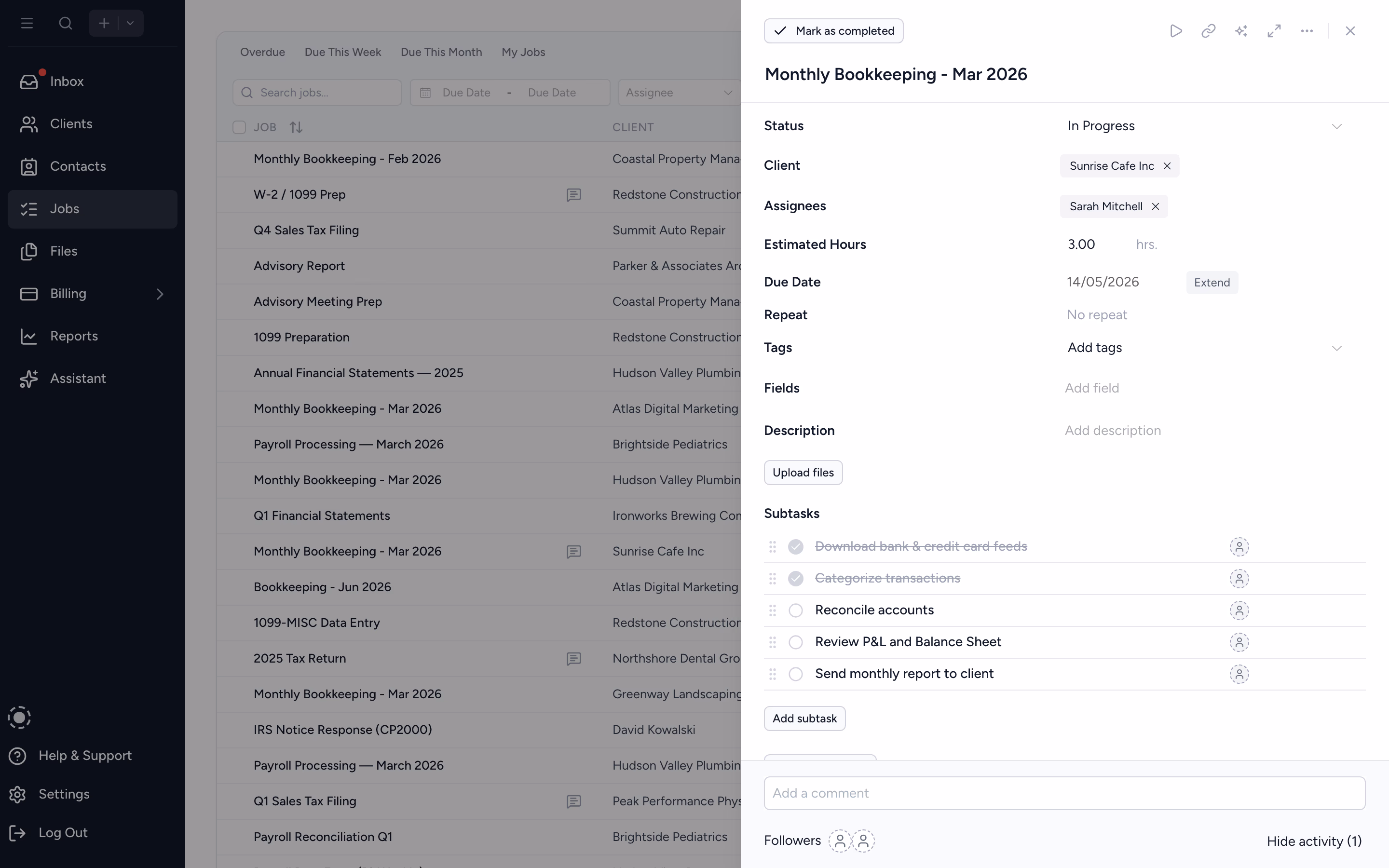 Tidyflow job detail showing subtasks, assignee, and due date