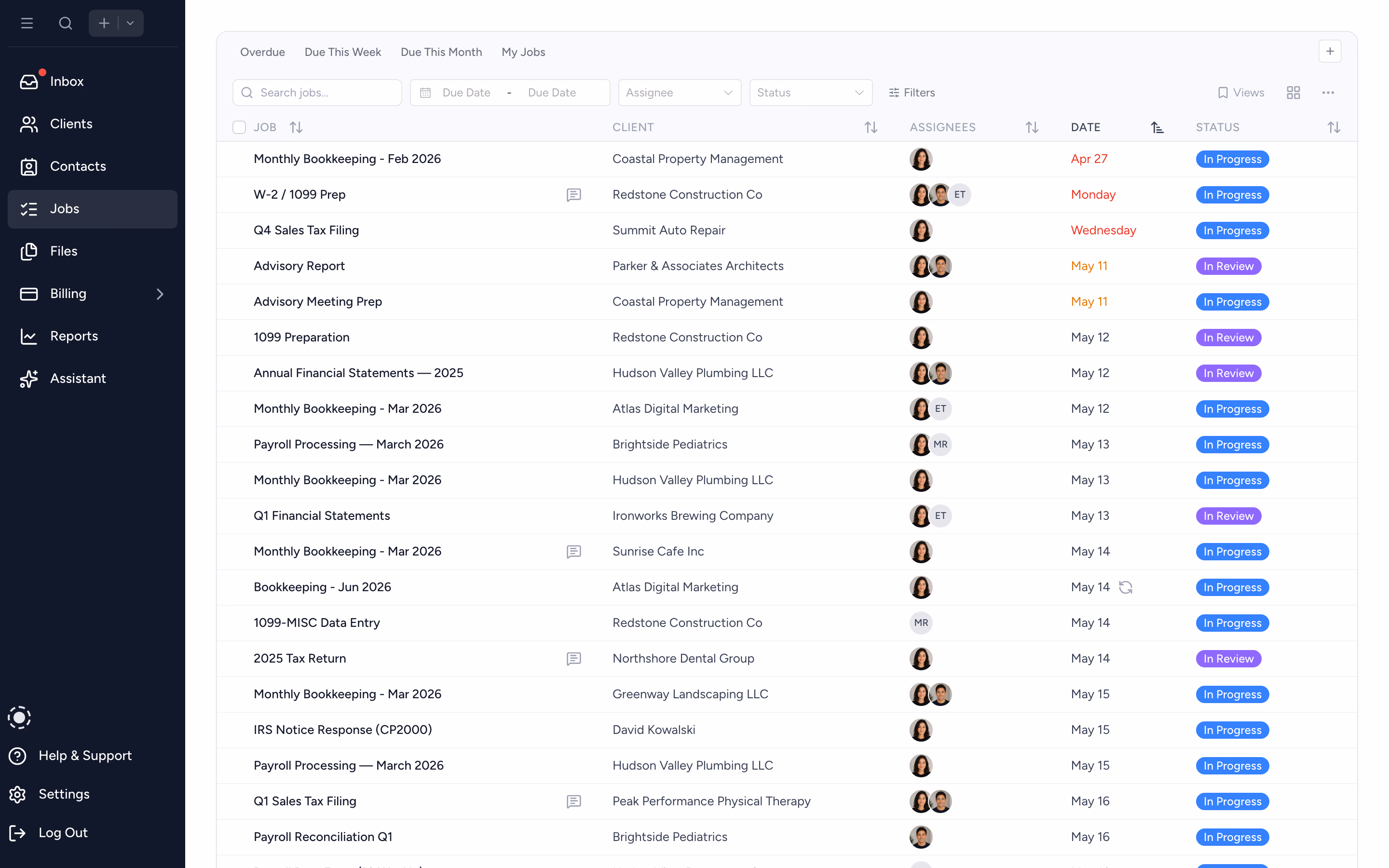 Tidyflow job list with deadlines, statuses, and assignees