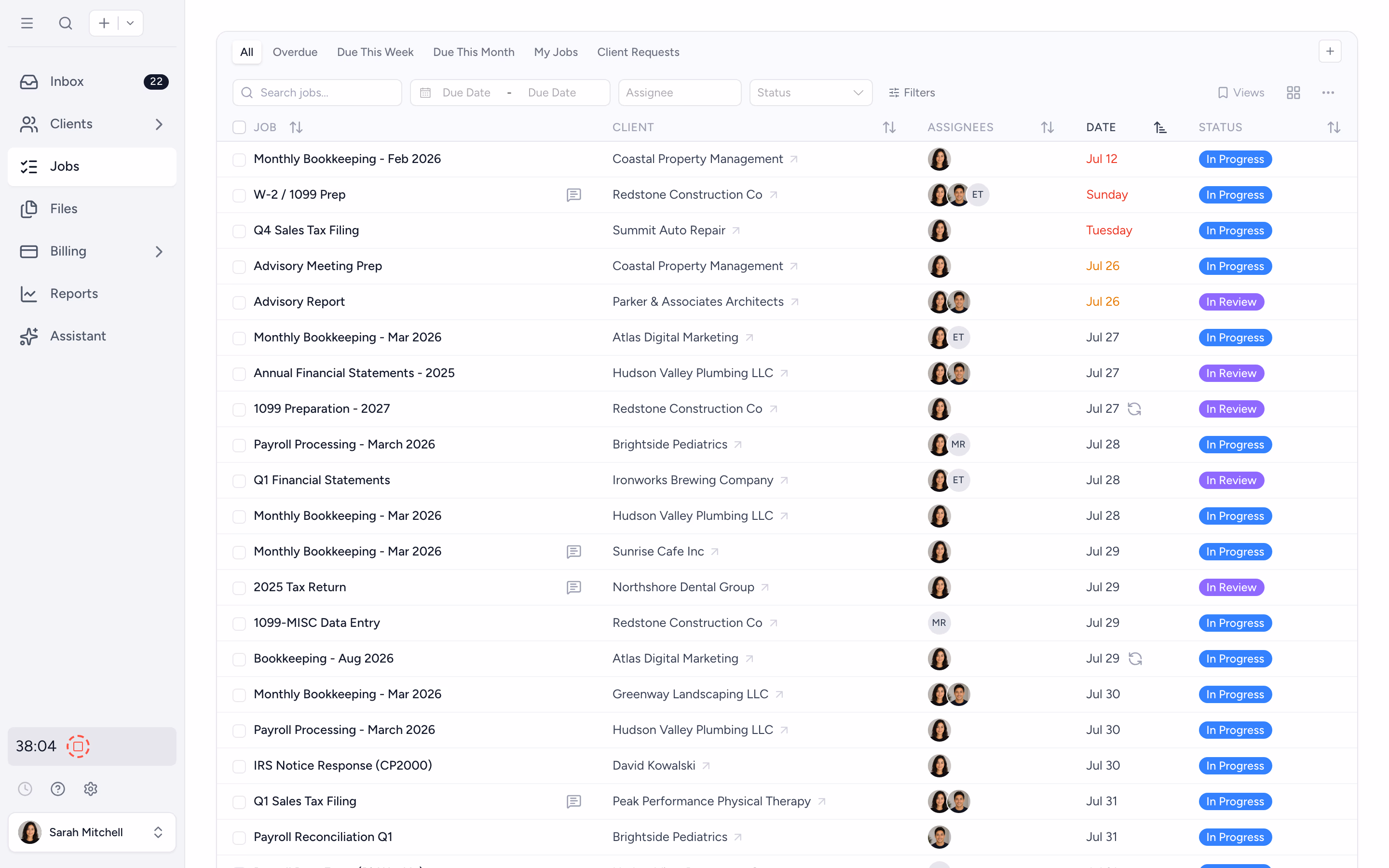 Tidyflow job list filtered by due date