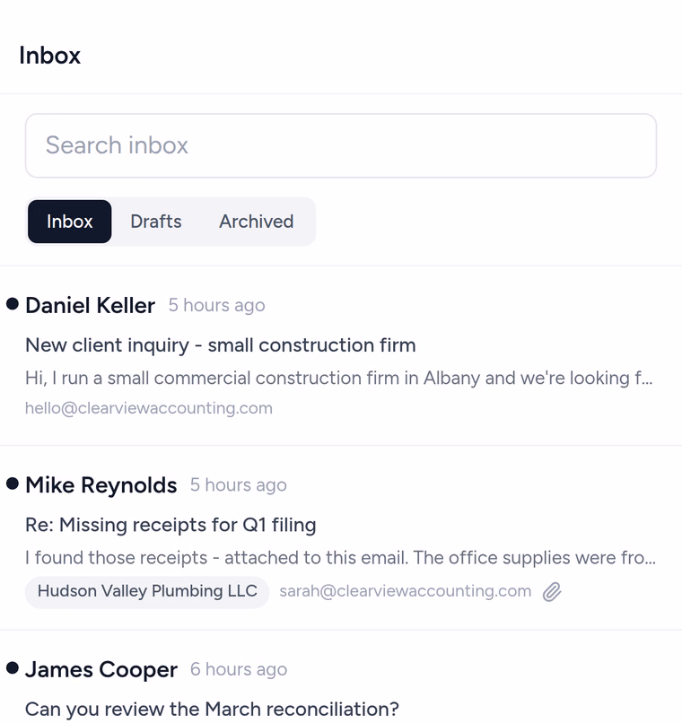 The Tidyflow shared inbox on a phone showing client conversations