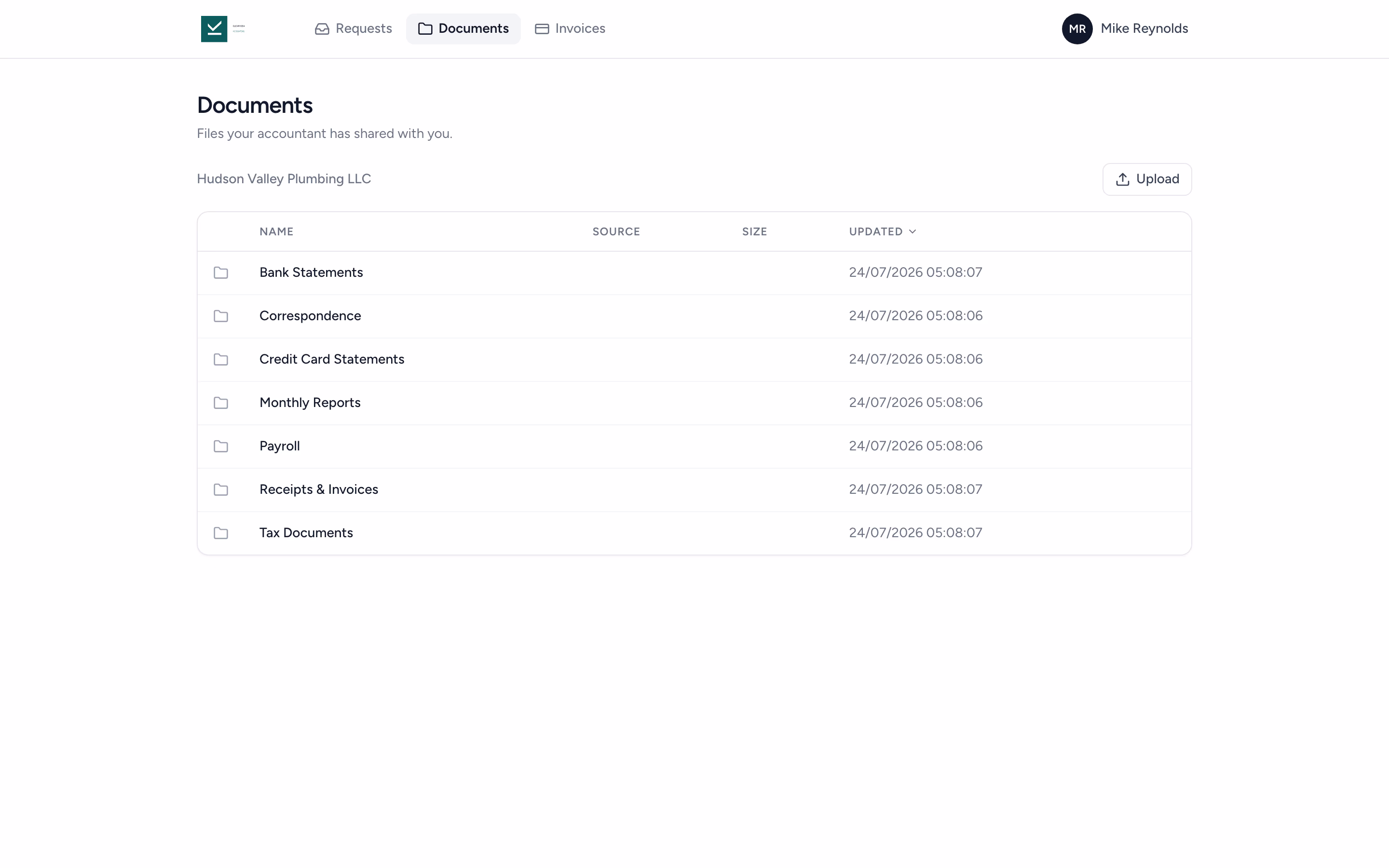 Client portal showing a folder structure of organized accounting documents that clients can self-serve