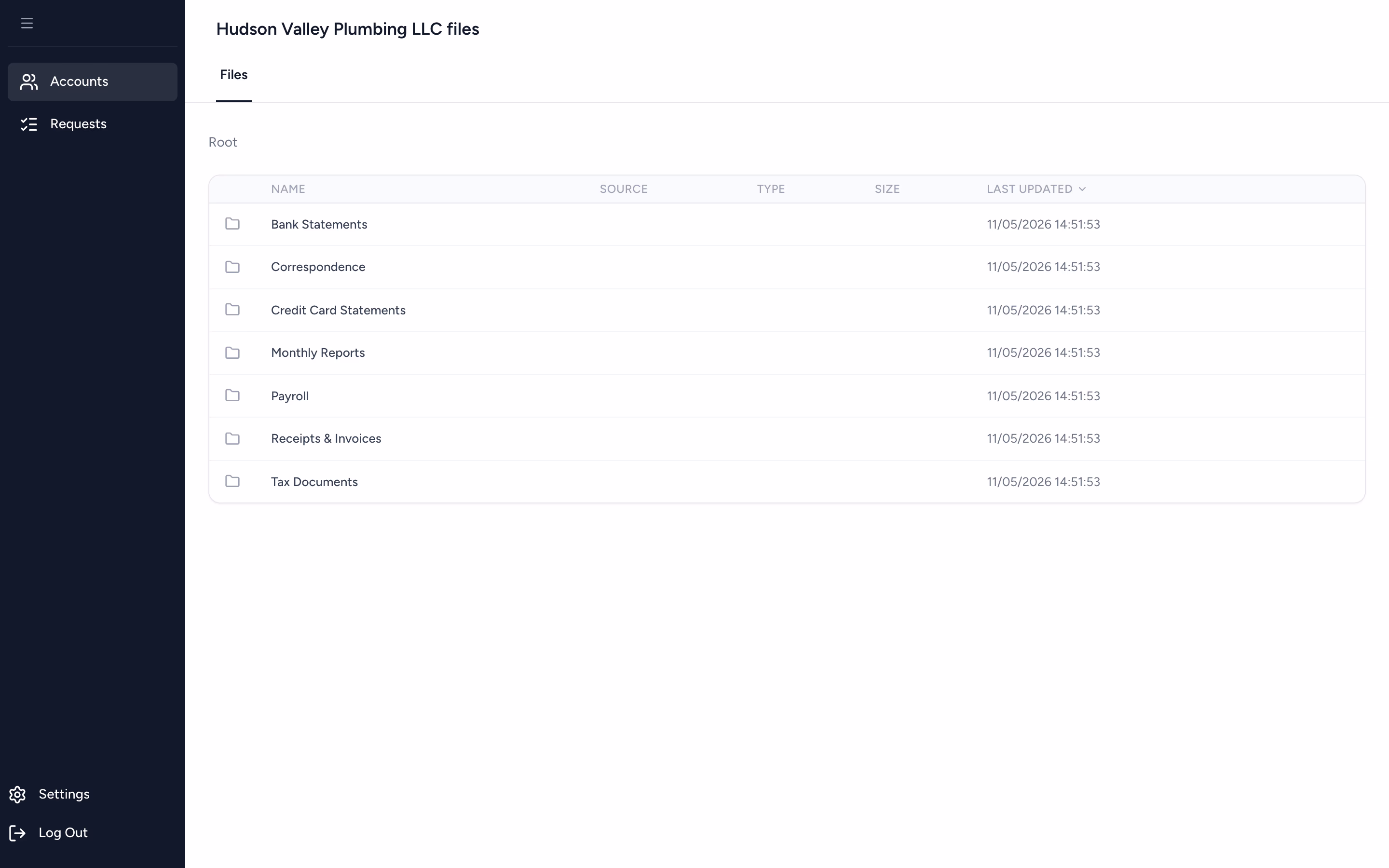 Client portal showing a folder structure of organized accounting documents that clients can self-serve