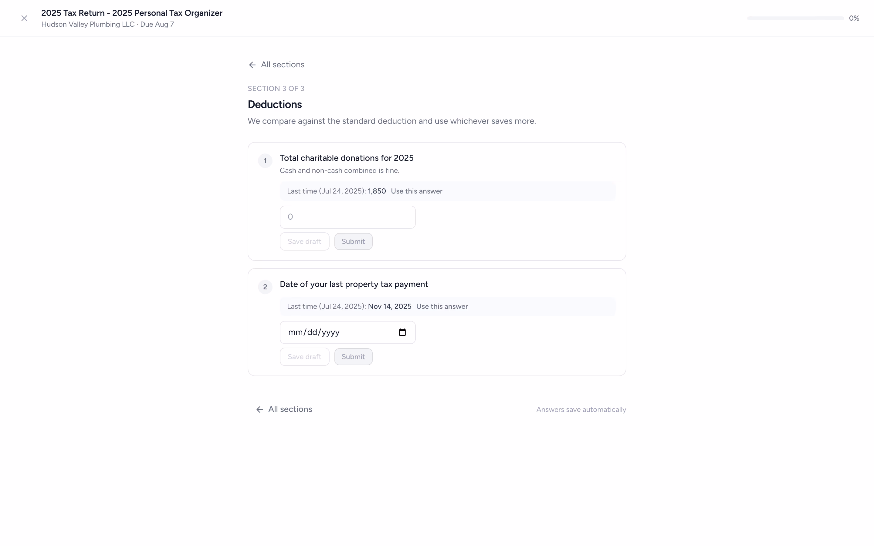 Tidyflow tax organizer in the client portal showing last year's answer beside a question