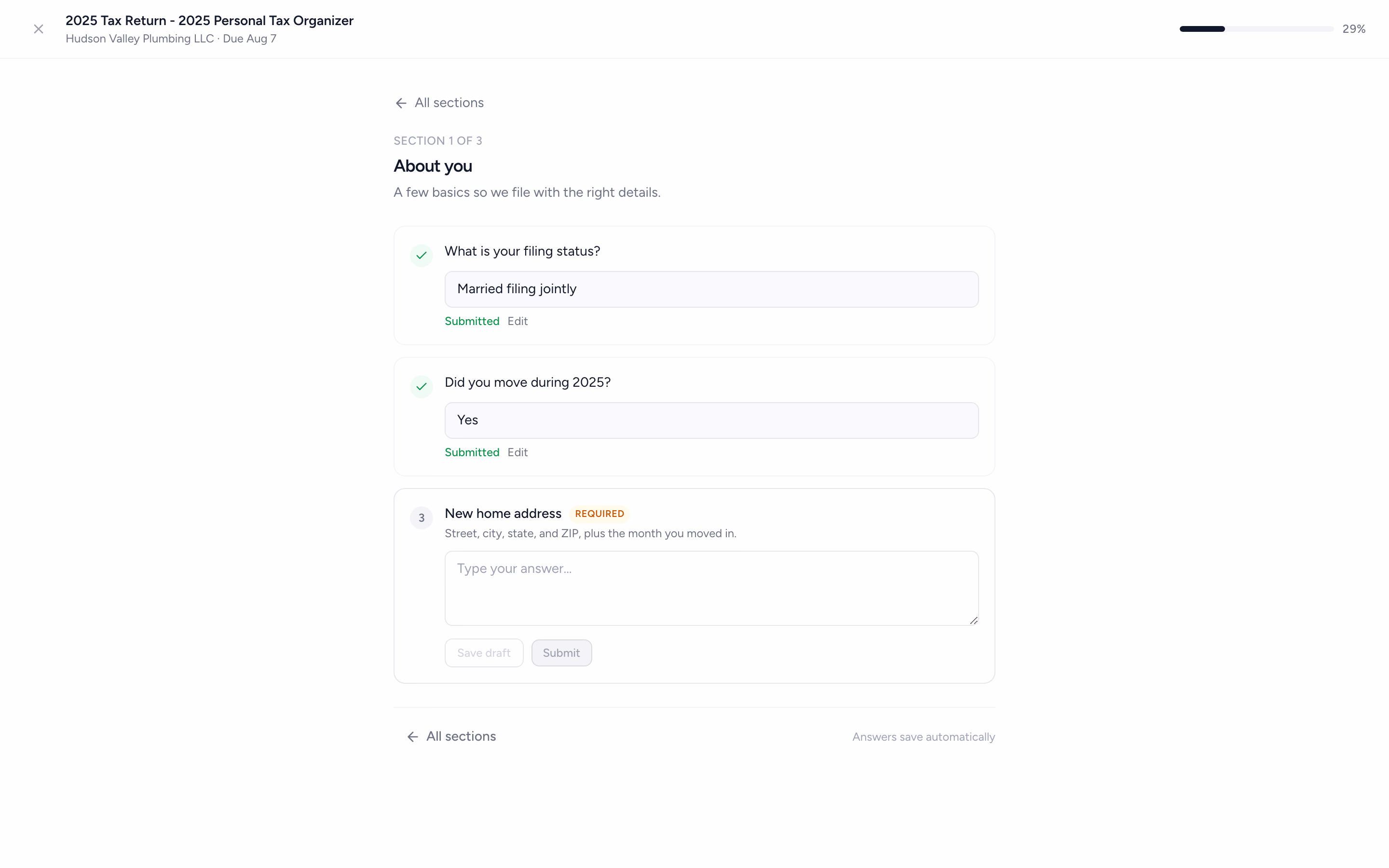 A Tidyflow tax organizer showing answered filing questions and a relevant follow-up question