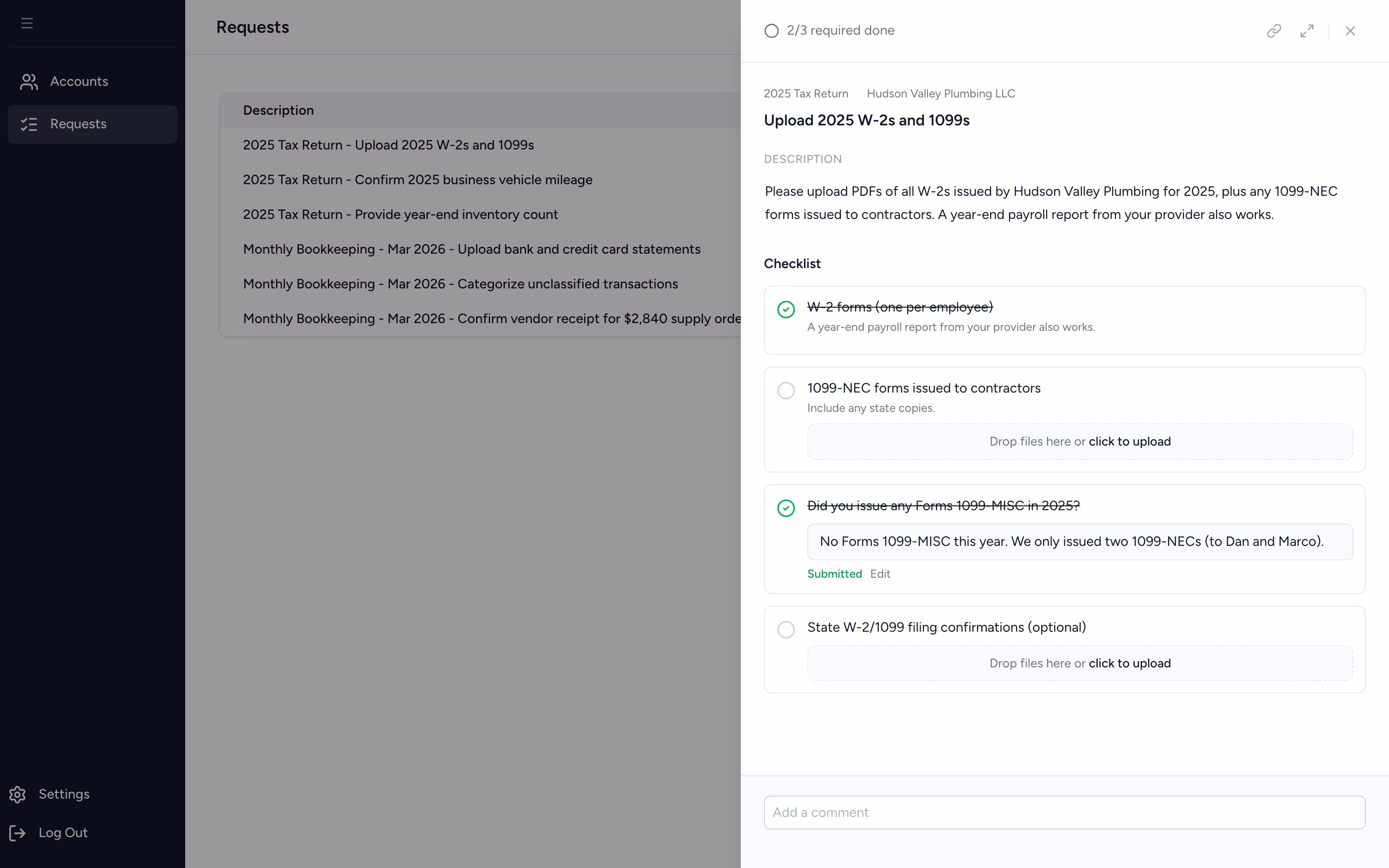 A client viewing a request in the portal showing a structured checklist of files to upload and questions to answer, with completed and pending items