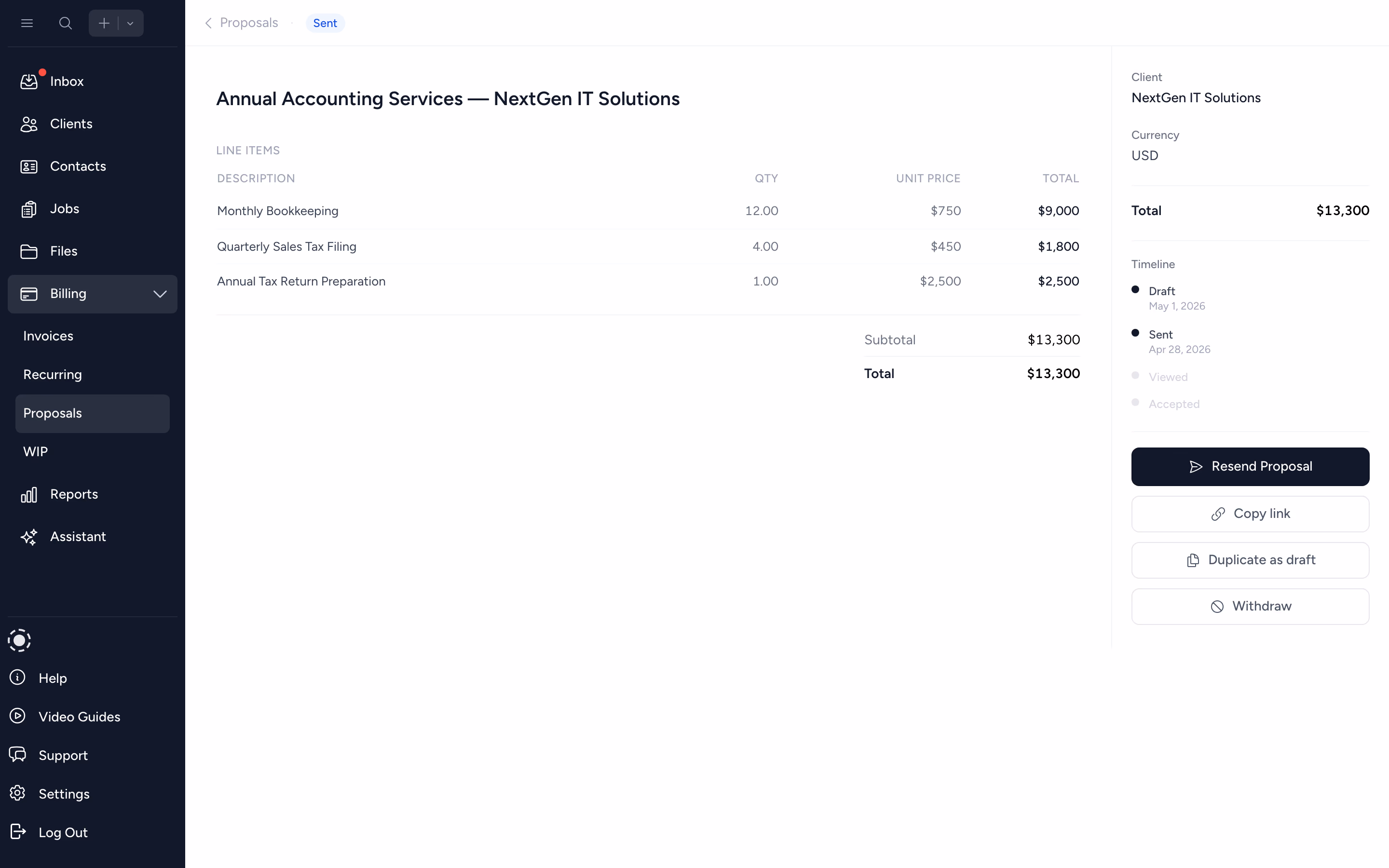 Tidyflow proposal detail with pricing options and engagement letter