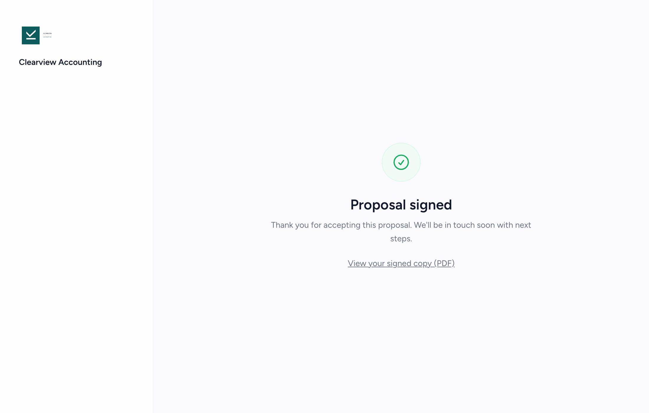 Branded confirmation page a client sees after signing a proposal