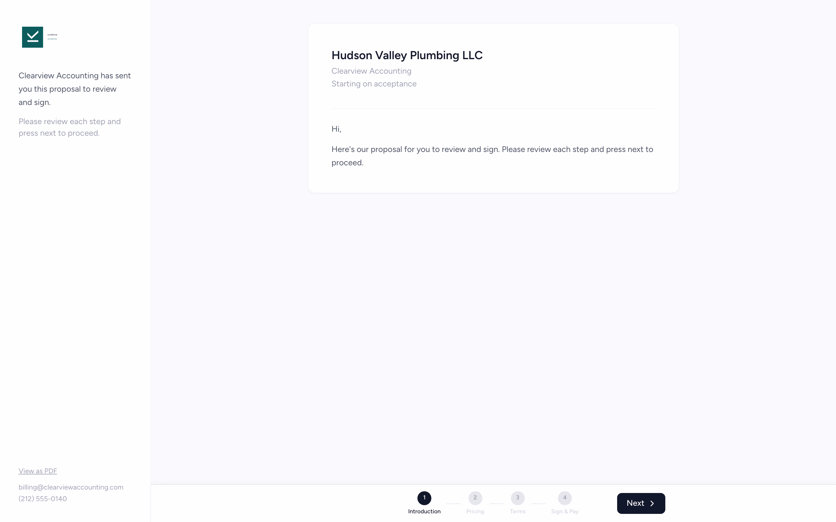 Client-facing proposal review page
