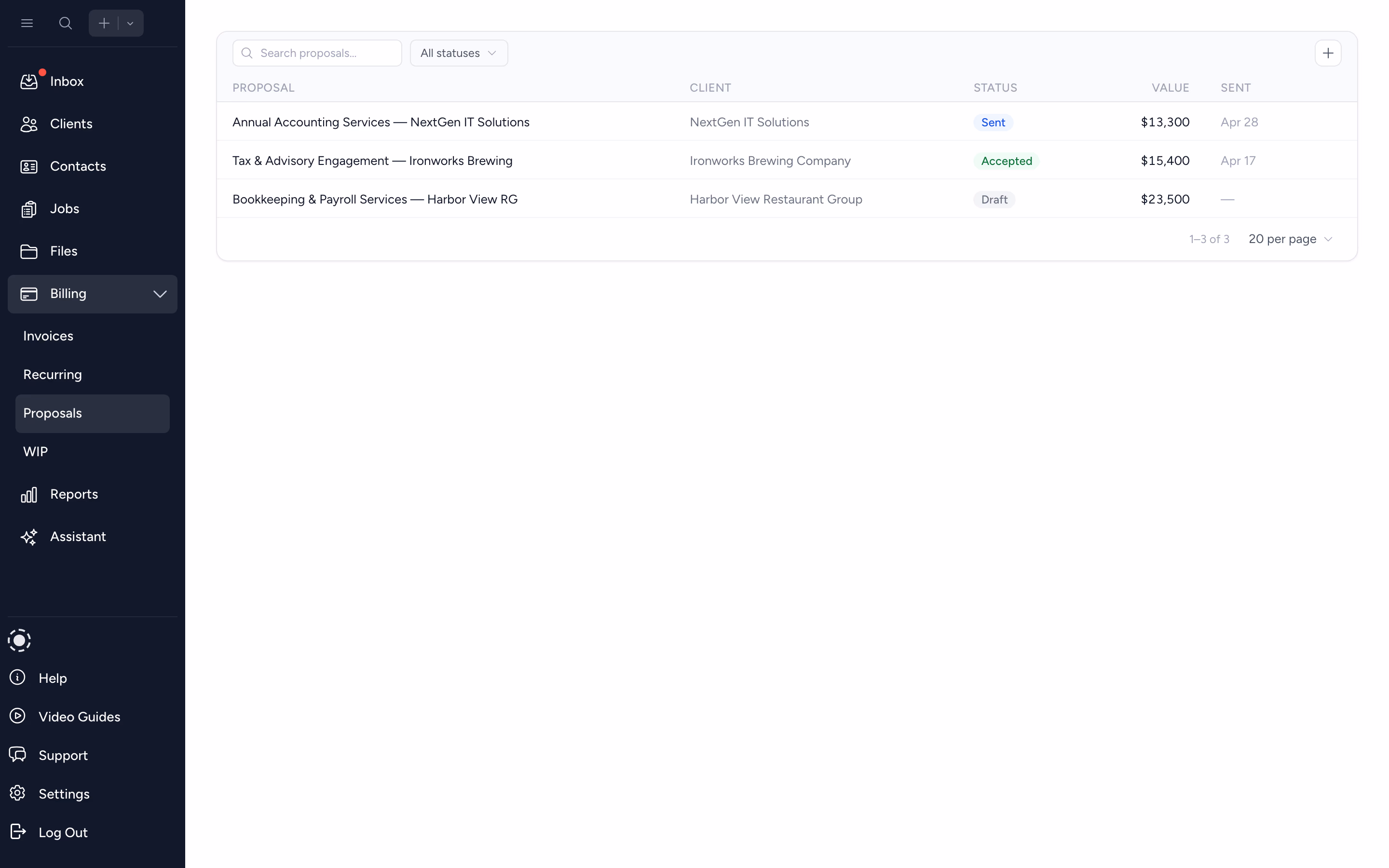 Proposals list with statuses and actions