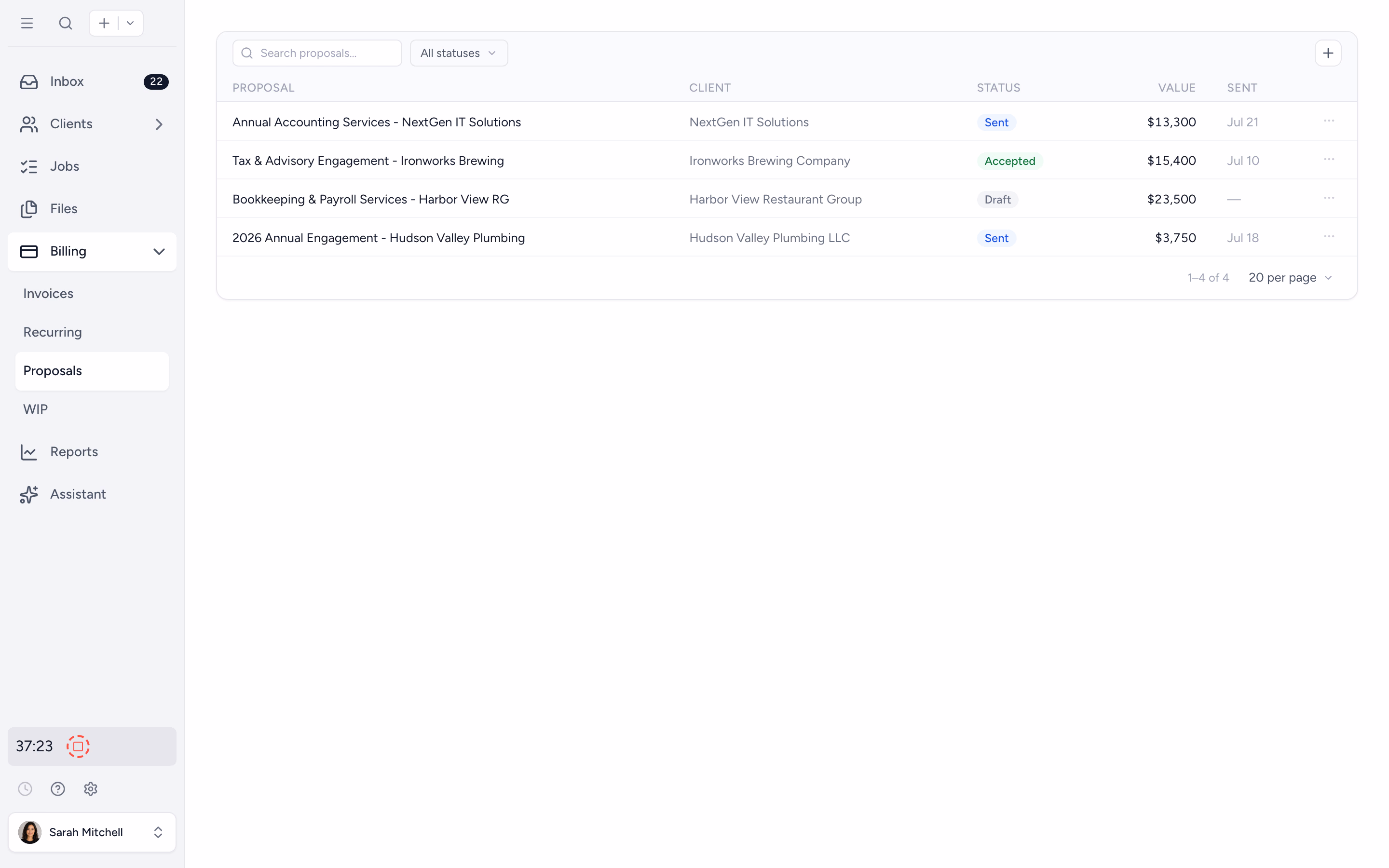Proposals list with statuses and actions