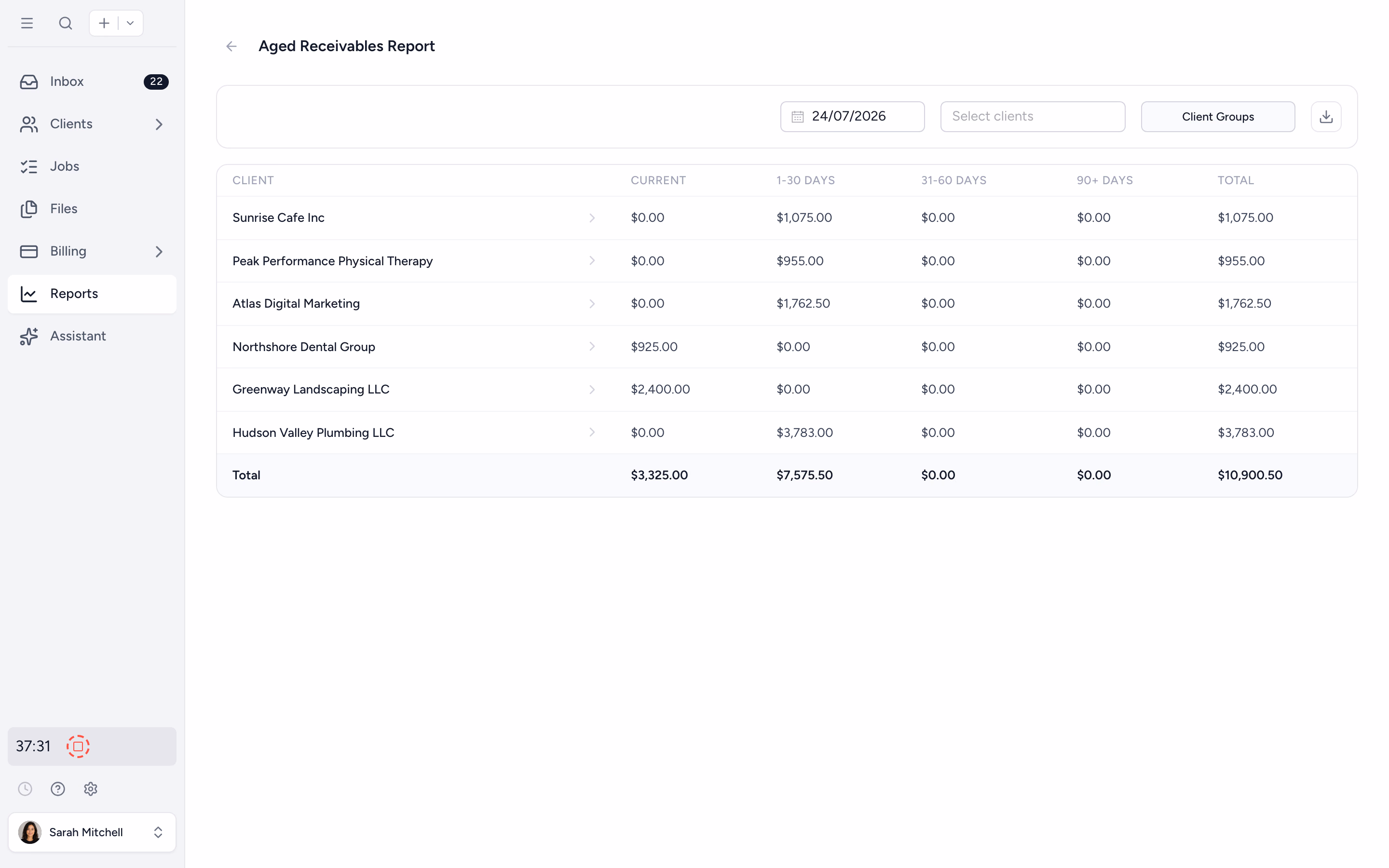 Aged receivables report with bucket totals