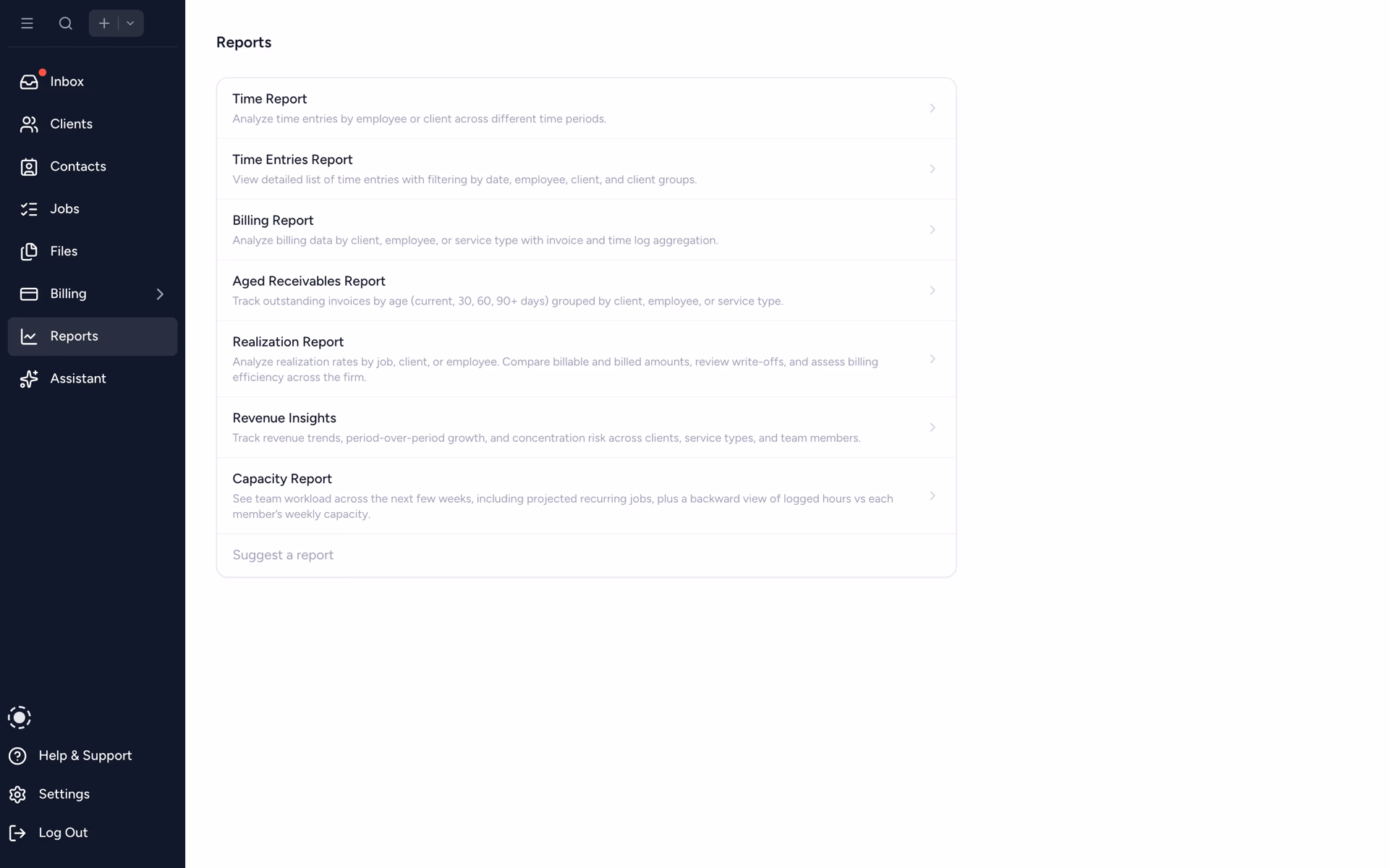 Reports landing page with all built-in reports for the firm