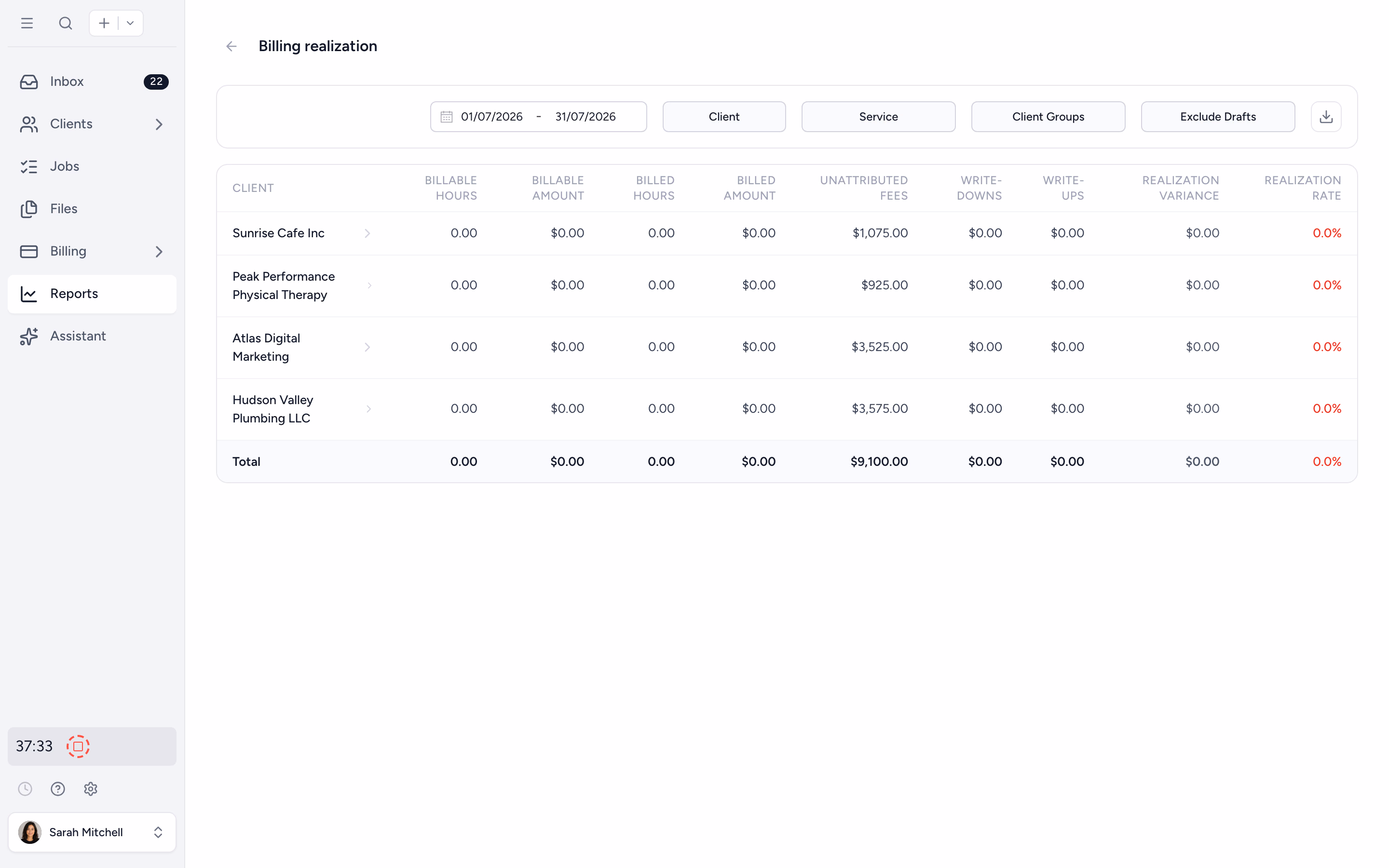 Realization report comparing billable vs actual hours
