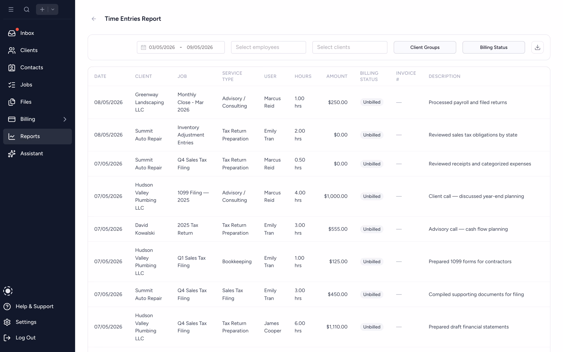 Time entries report with all logged time, filterable