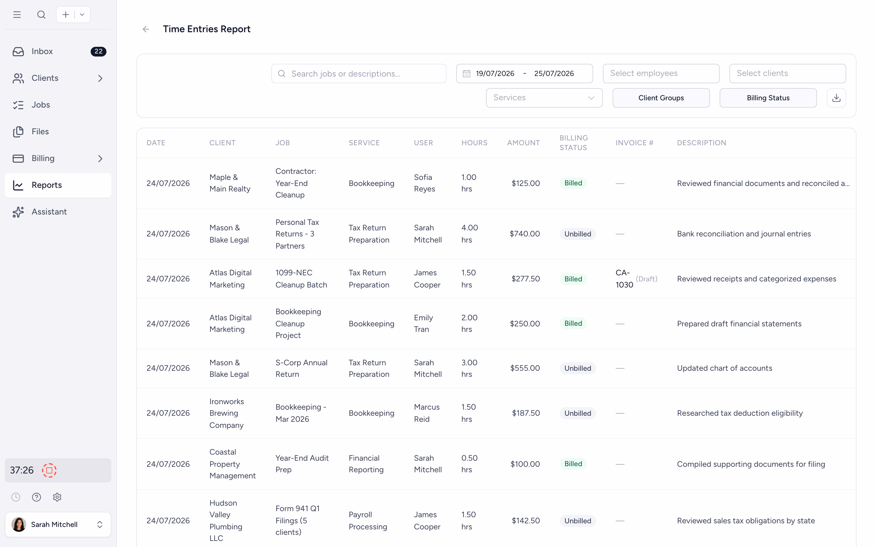 Tidyflow time entries report with billable categorisation