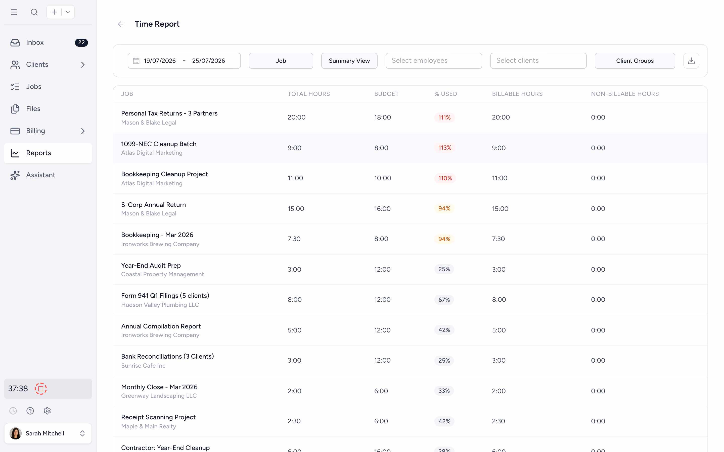 Time Summary report grouped by job with budget and percentage used columns